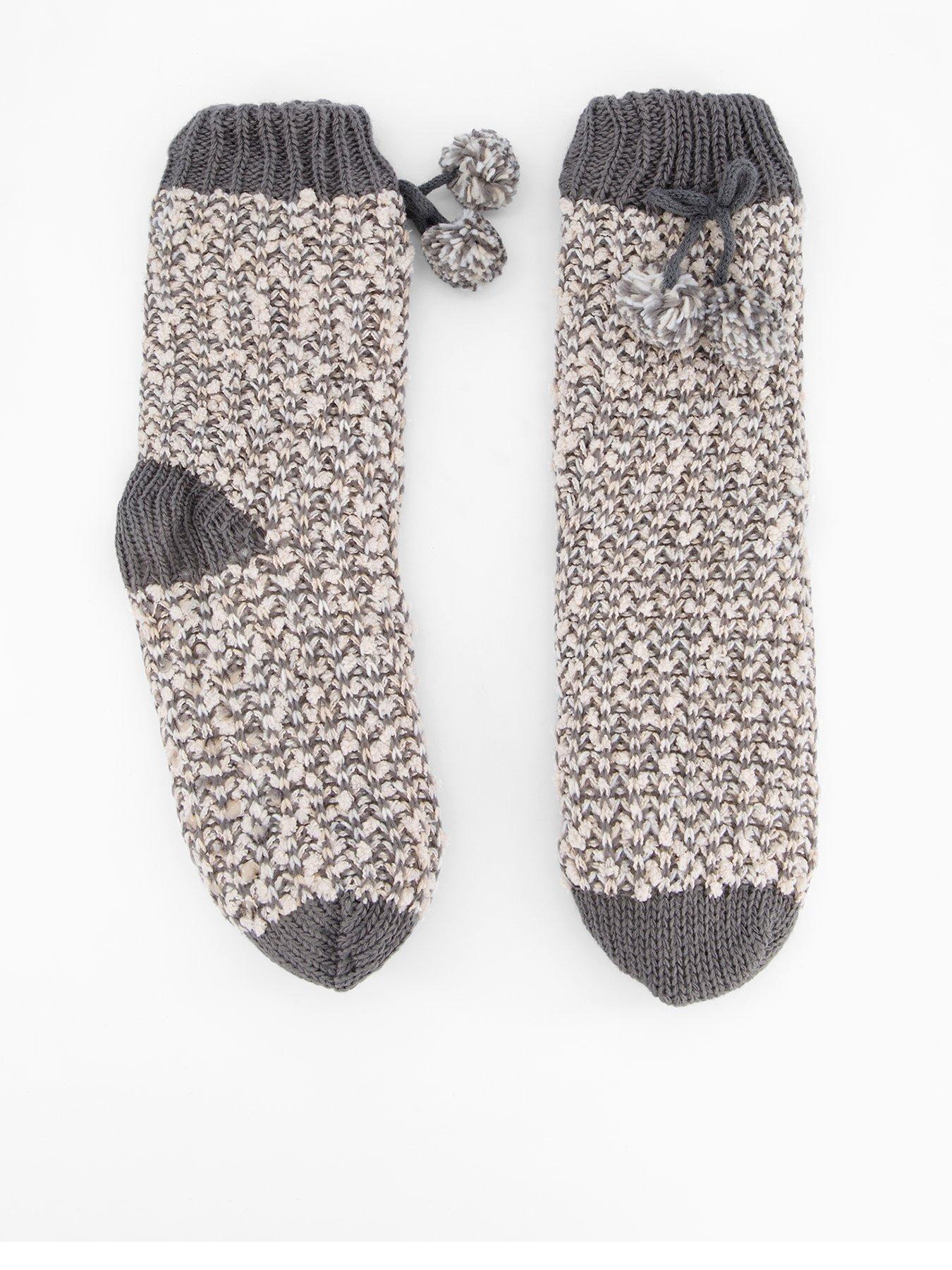 Image 1 of 4 of The Very Collection Cable Fleece Lined Socks With Pom Pom - Grey