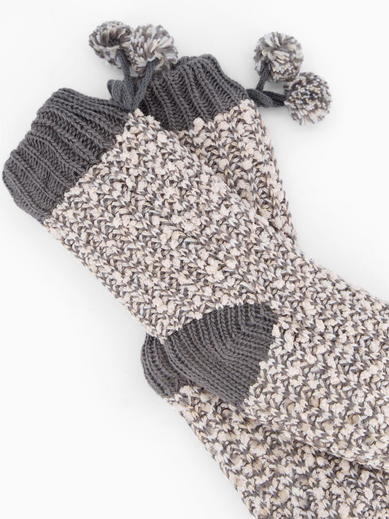 Image 2 of 4 of The Very Collection Cable Fleece Lined Socks With Pom Pom - Grey