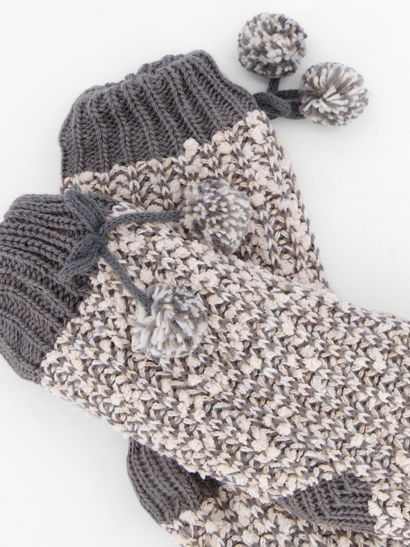Image 4 of 4 of The Very Collection Cable Fleece Lined Socks With Pom Pom - Grey