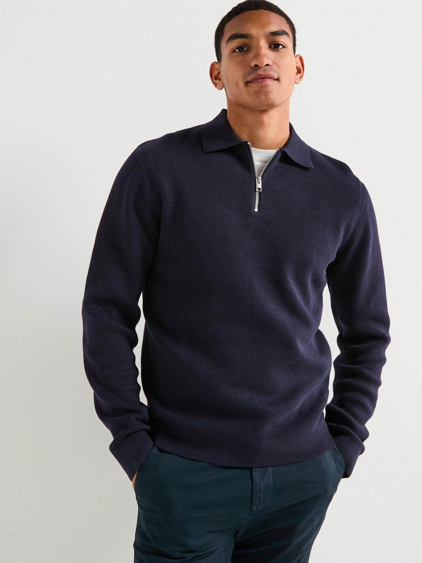 Image 1 of 6 of Jack & Jones Milano Stretch Quarter Zip Knitted Polo Shirt - Navy