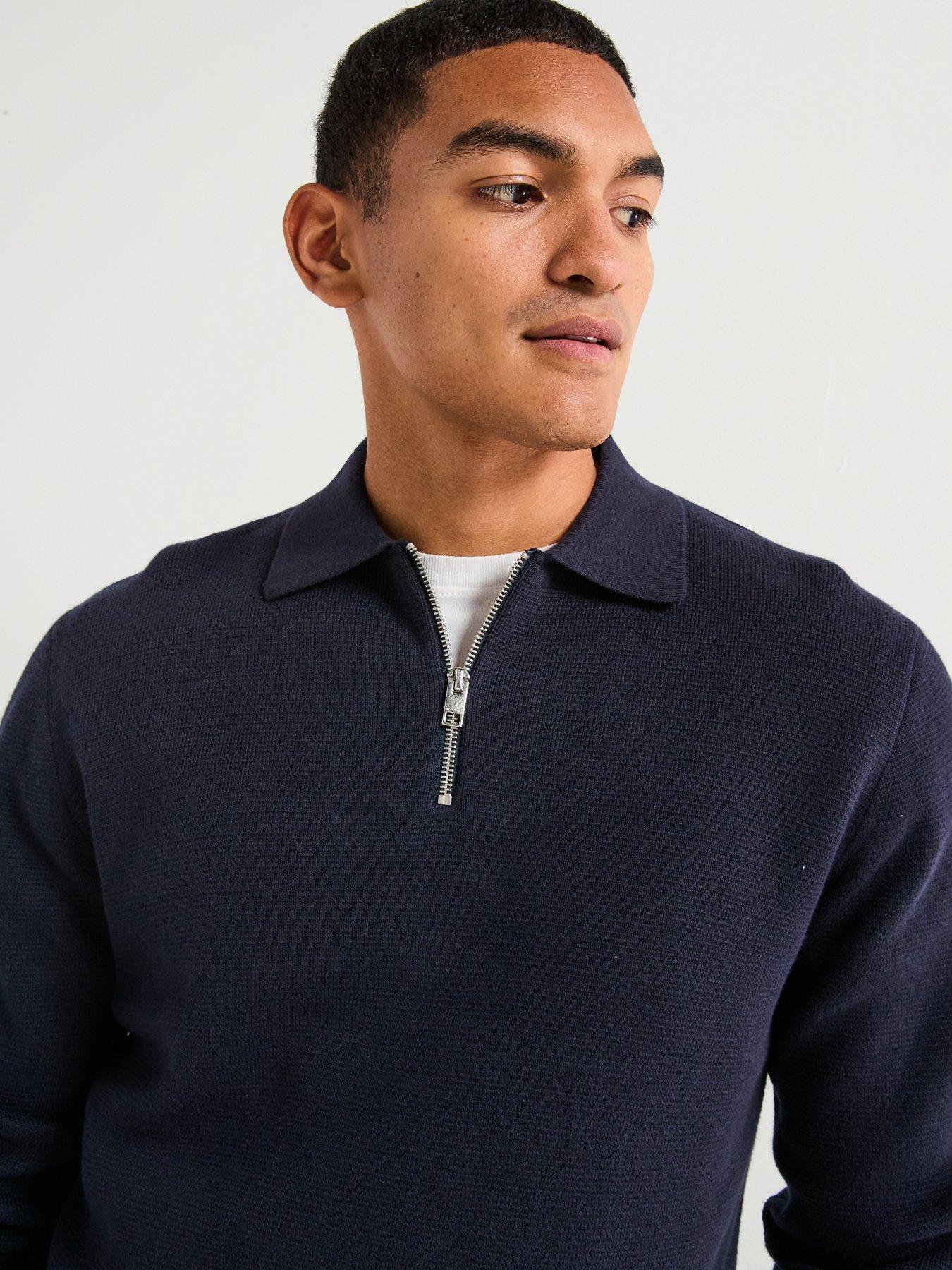 Image 4 of 6 of Jack & Jones Milano Stretch Quarter Zip Knitted Polo Shirt - Navy