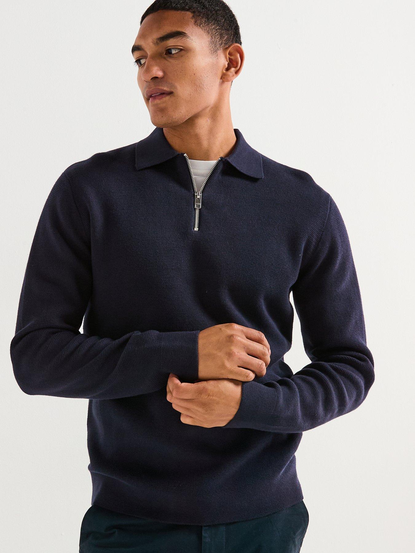 Image 6 of 6 of Jack & Jones Milano Stretch Quarter Zip Knitted Polo Shirt - Navy