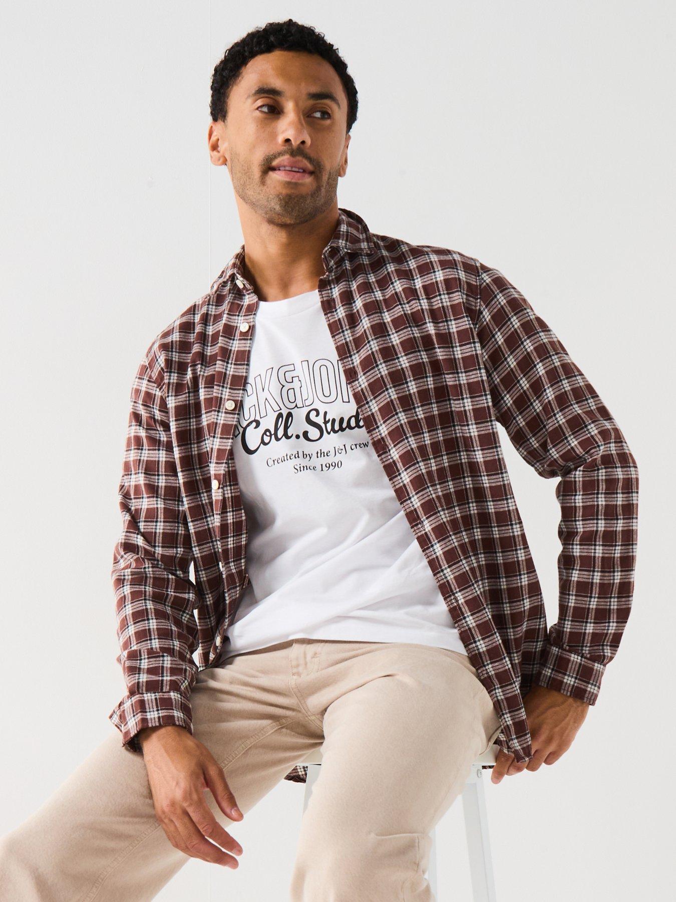  image of jack-jones-joshua-flannel-check-long-sleeve-shirt-brown