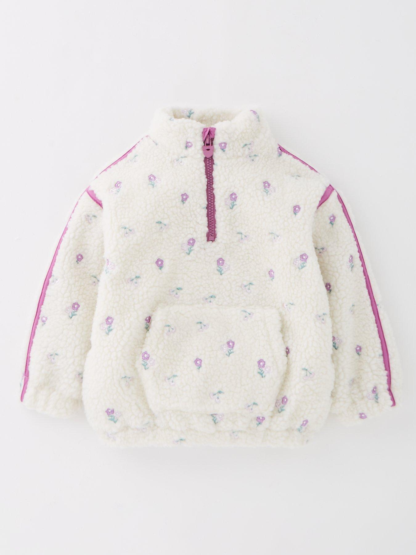 undefined Girls Borg Half Zip Embroidered Jumper - Cream