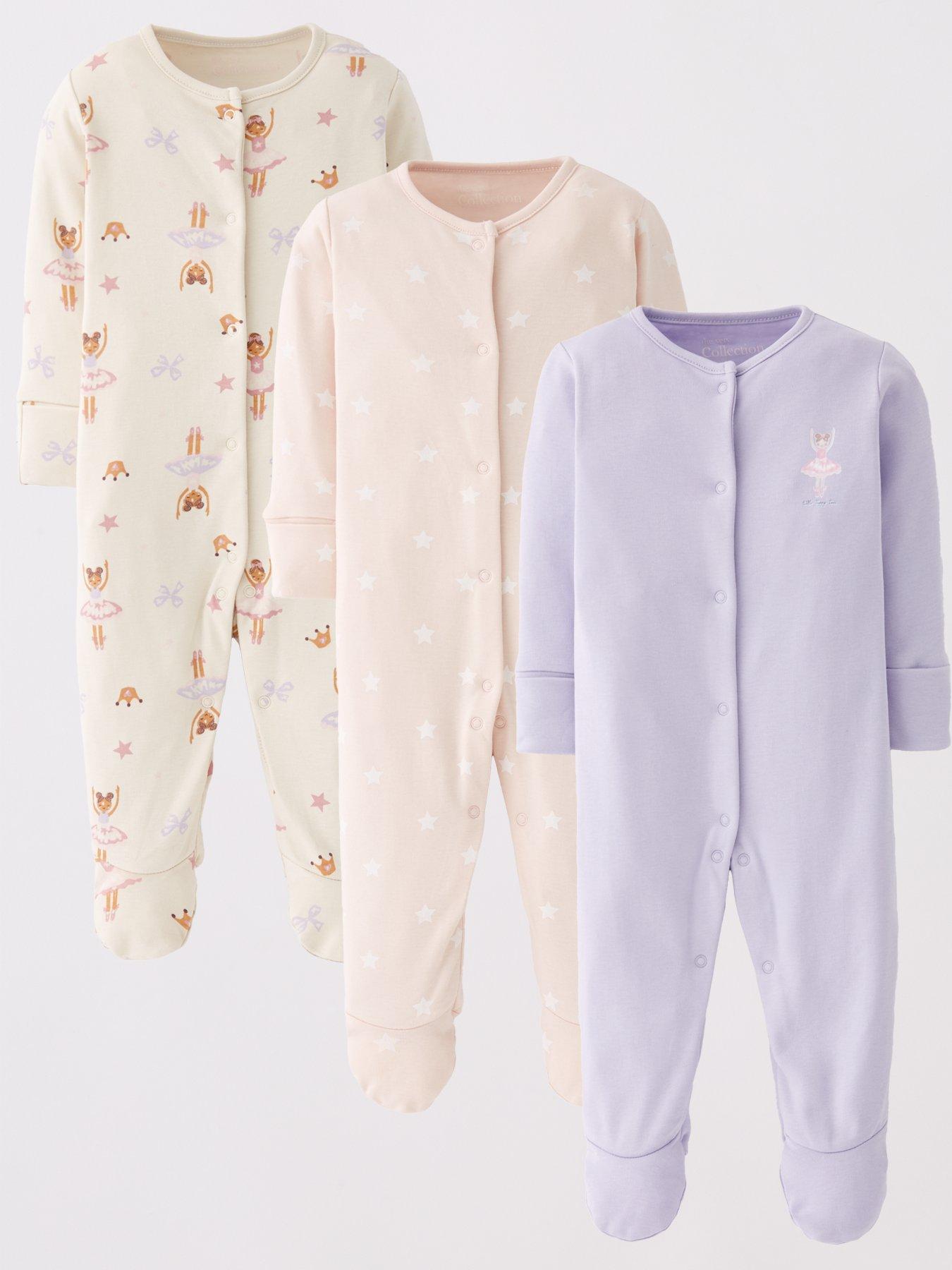  image of the-very-collection-baby-3-pack-ballerina-print-sleepsuits-cream