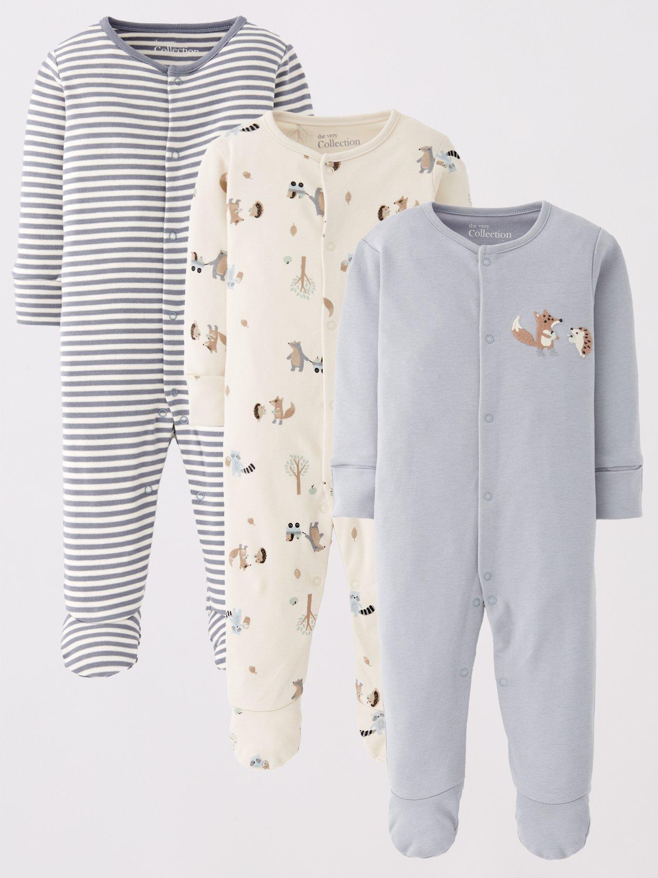 front image of the-very-collection-baby-3pk-woodland-stripe-sleepsuits