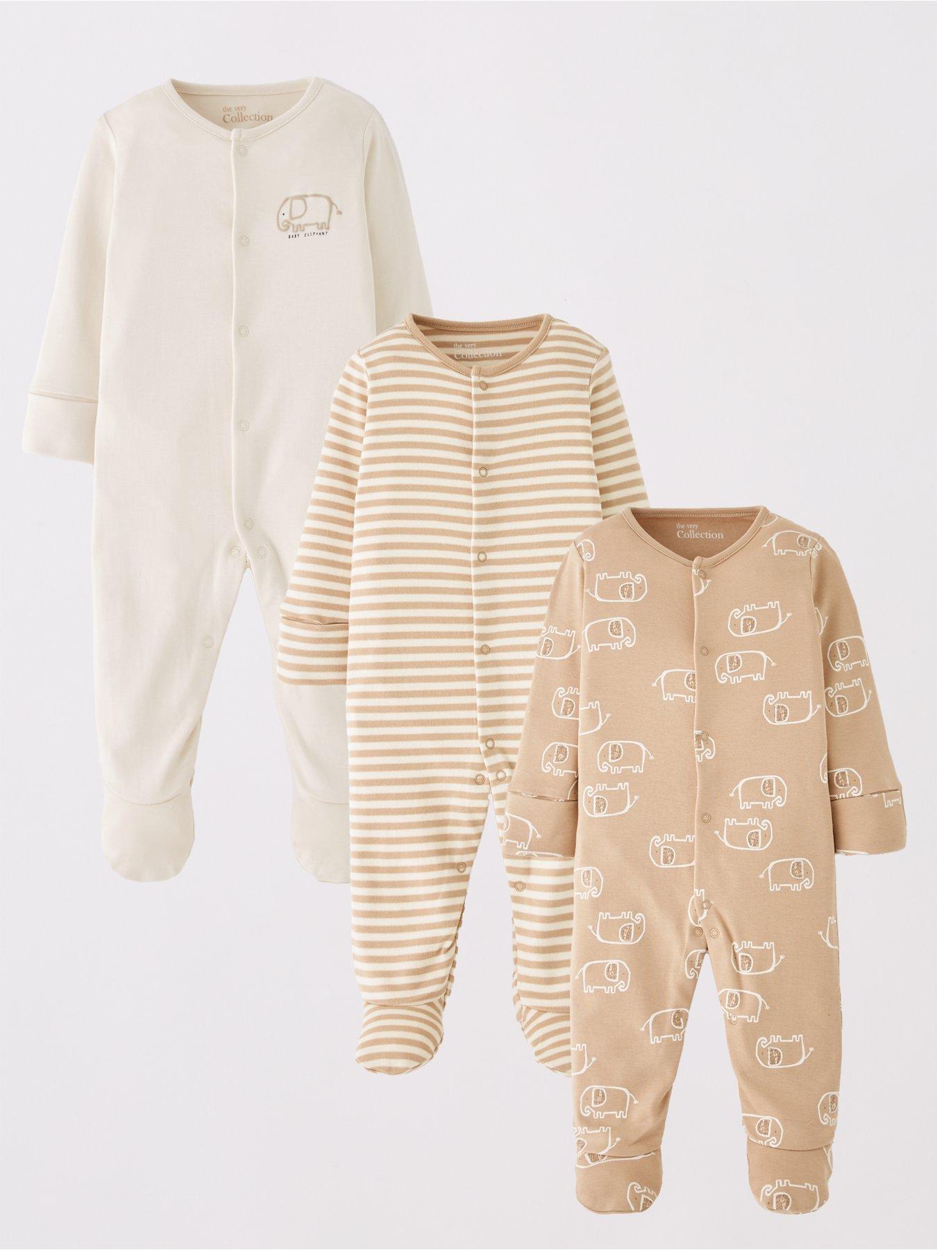  image of the-very-collection-unisex-3pk-elephant-sleepsuits-beige