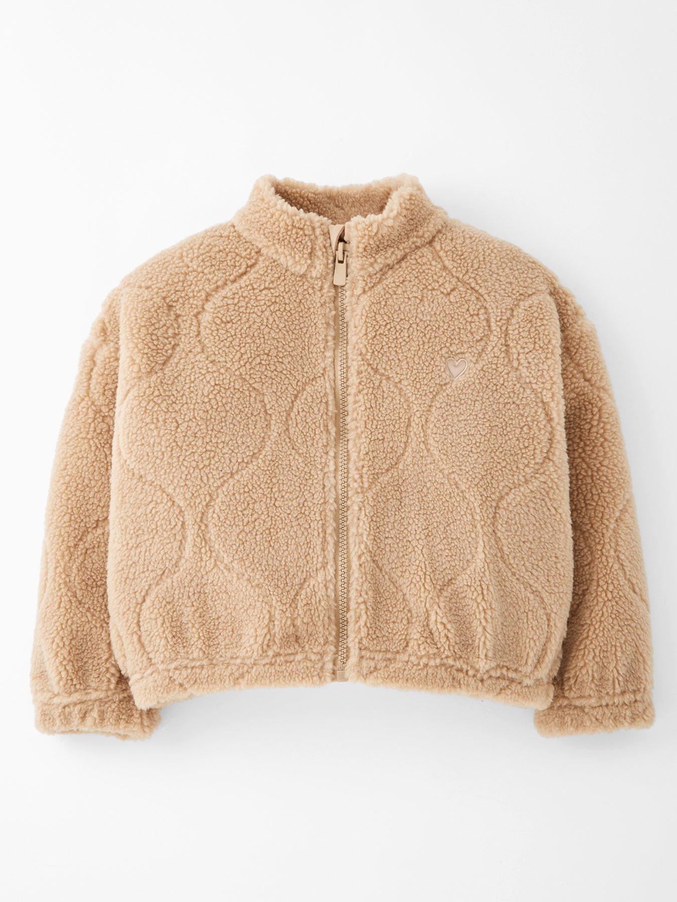 undefined Girls Borg Quilted Zip Up Jacket With Heart Embroidery