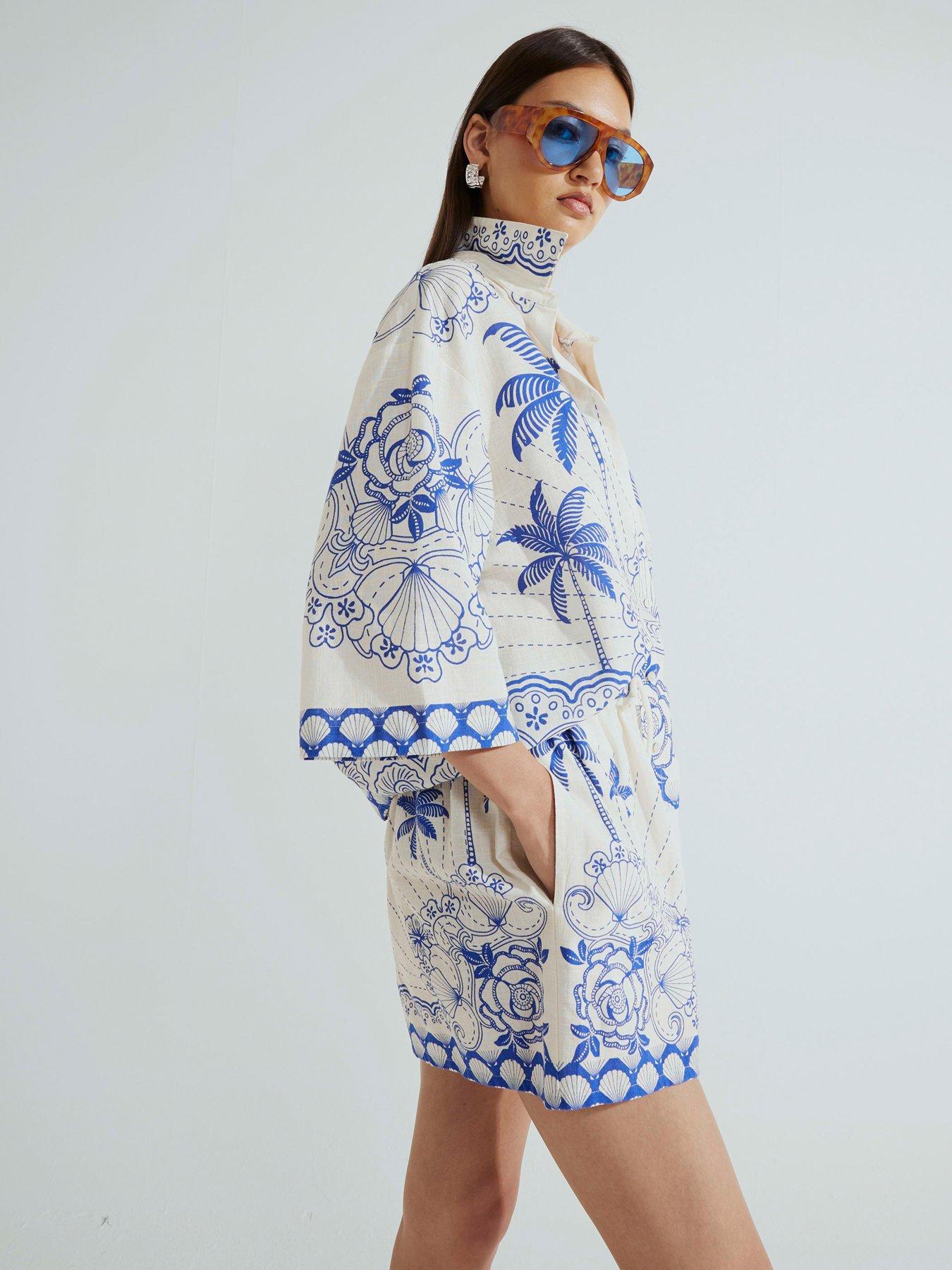 River Island Shell Printed Tie Waist Shorts - Blue