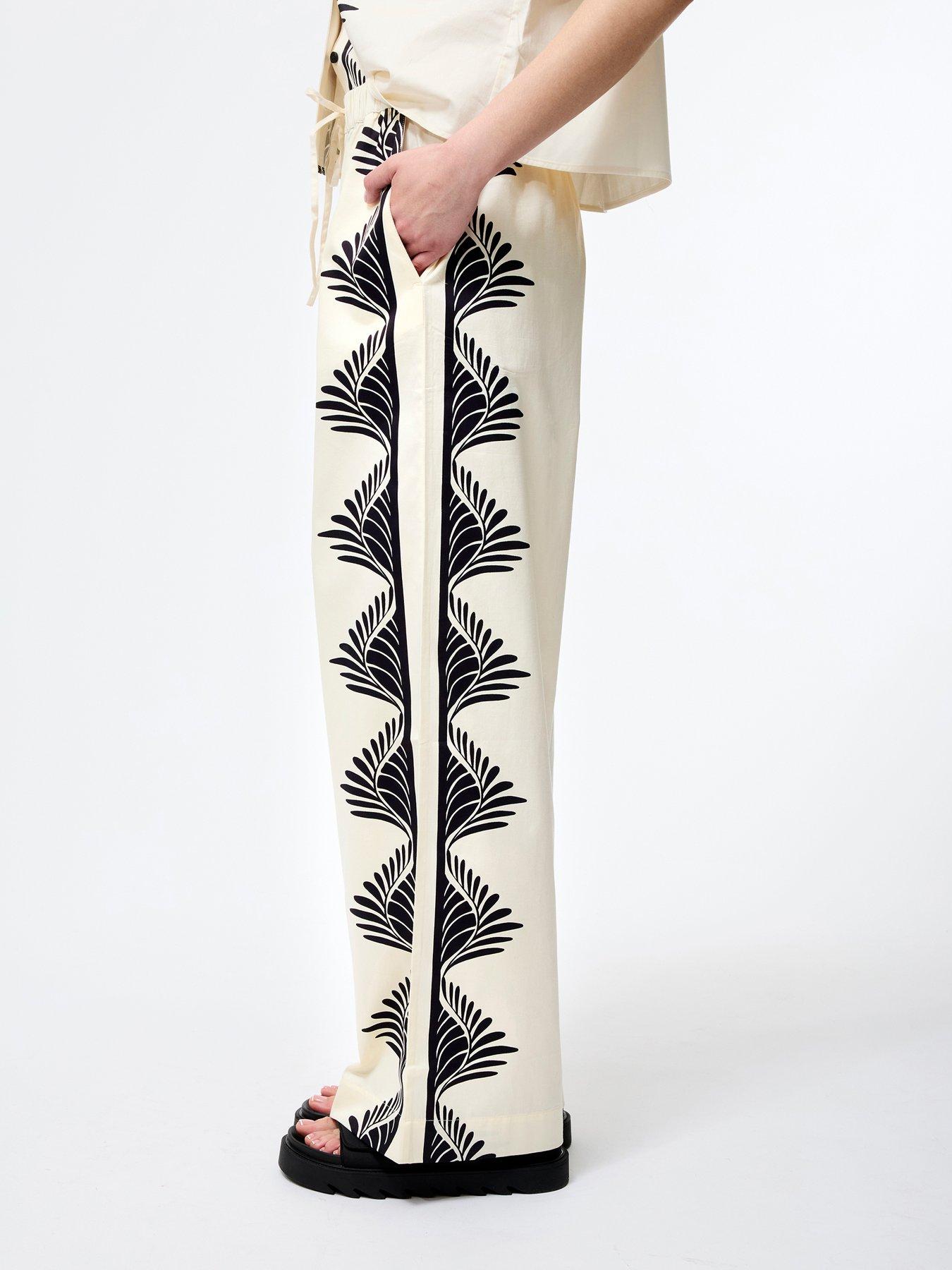 undefined Cotton Leaf Print Wide Leg Elasticated Full Length Trousers