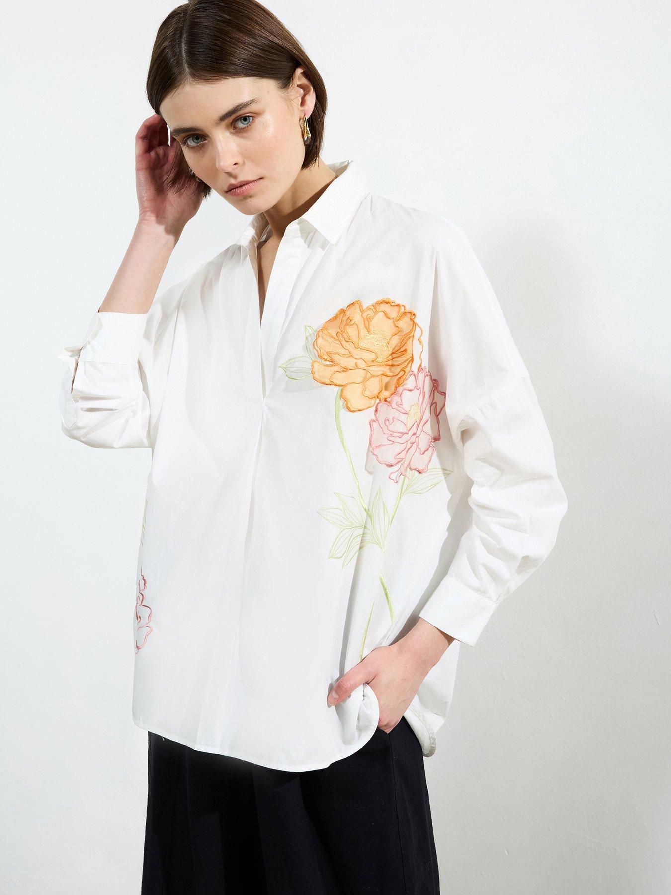 french-connection-cotton-floral-embroidered-design-long-sleeve-pullover-open-collar-shirt-white