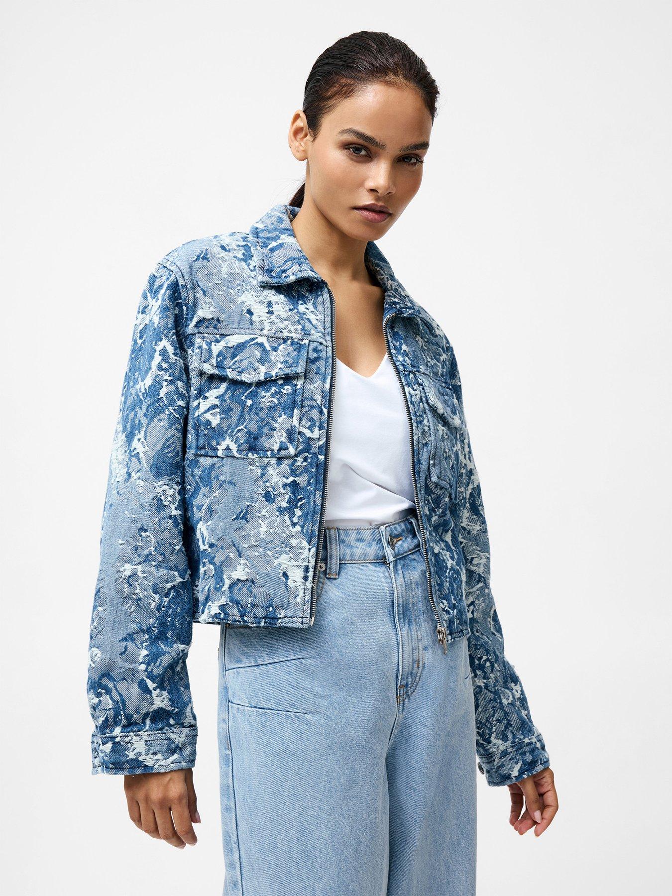 undefined Cotton Blend Jacquard Floral Print Denim Jacket - Blue