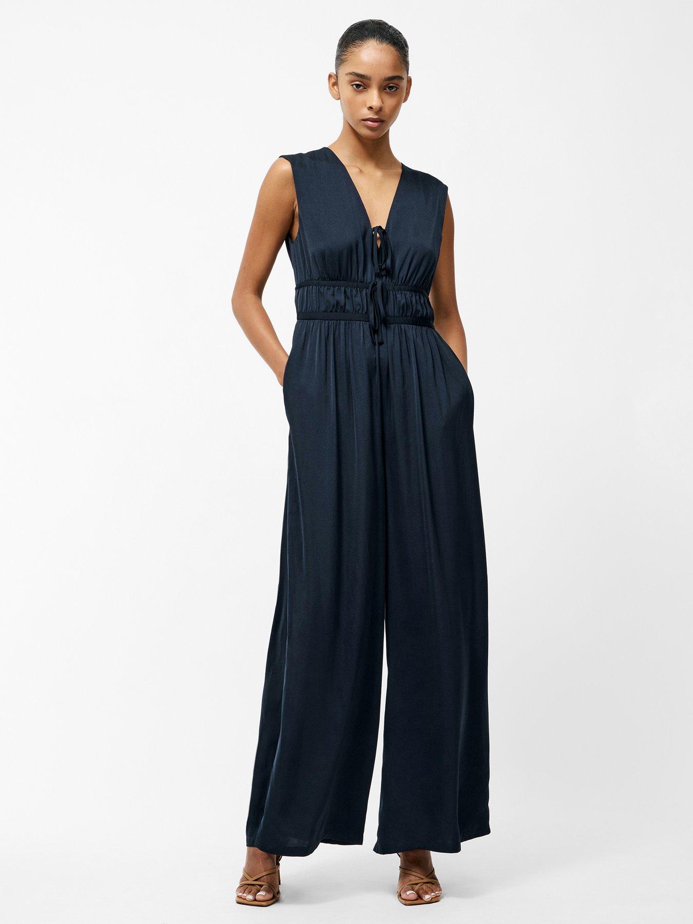 undefined Floaty Wide Leg V-neck Bow Self-tie Jumpsuit - Navy