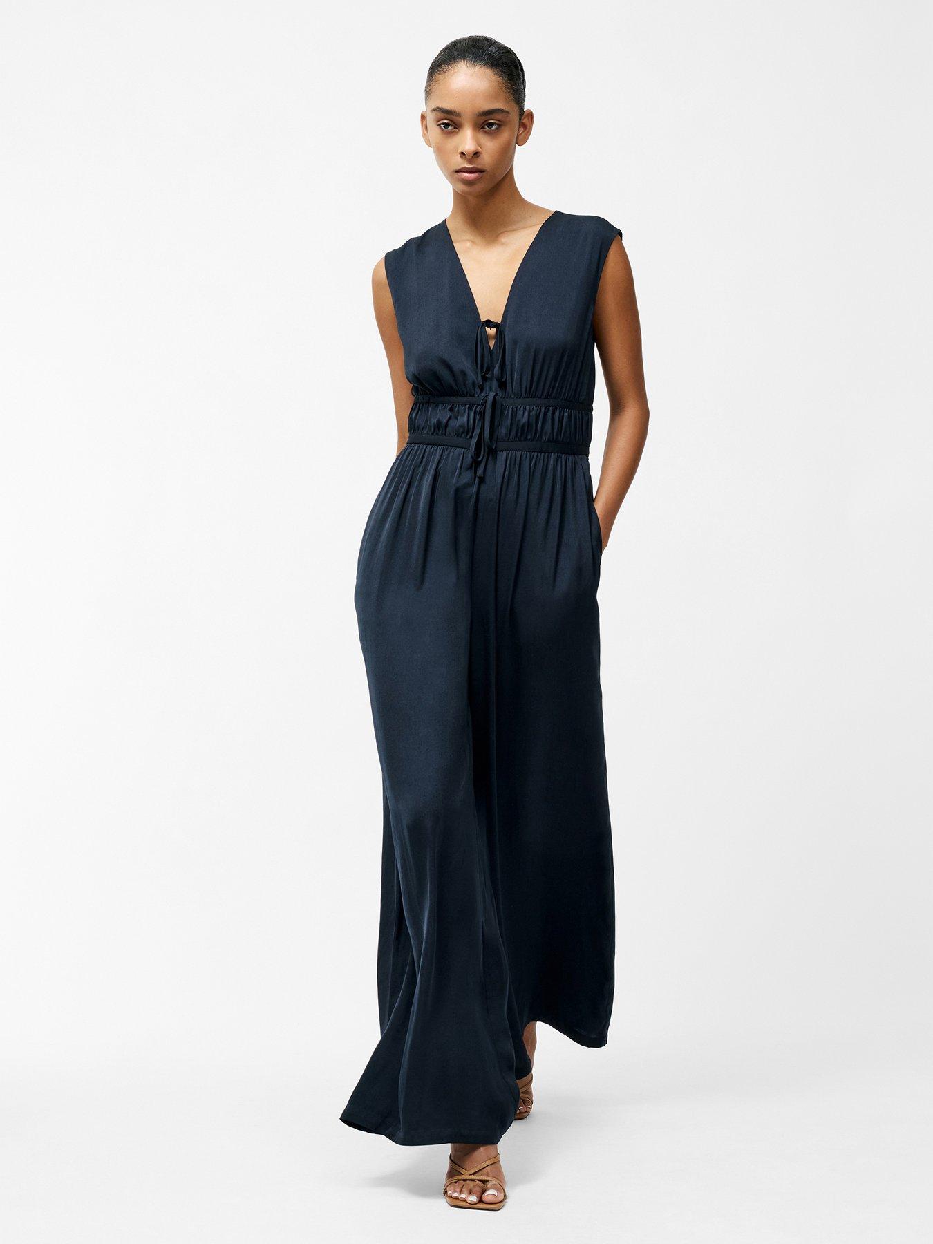 Image 4 of 5 of French Connection Floaty Wide Leg V-neck Bow Self-tie Jumpsuit - Navy