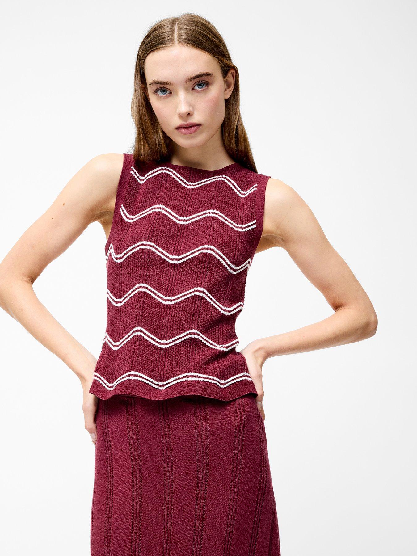 undefined Cotton Crotchet Striped Round Neck Sleeveless Top