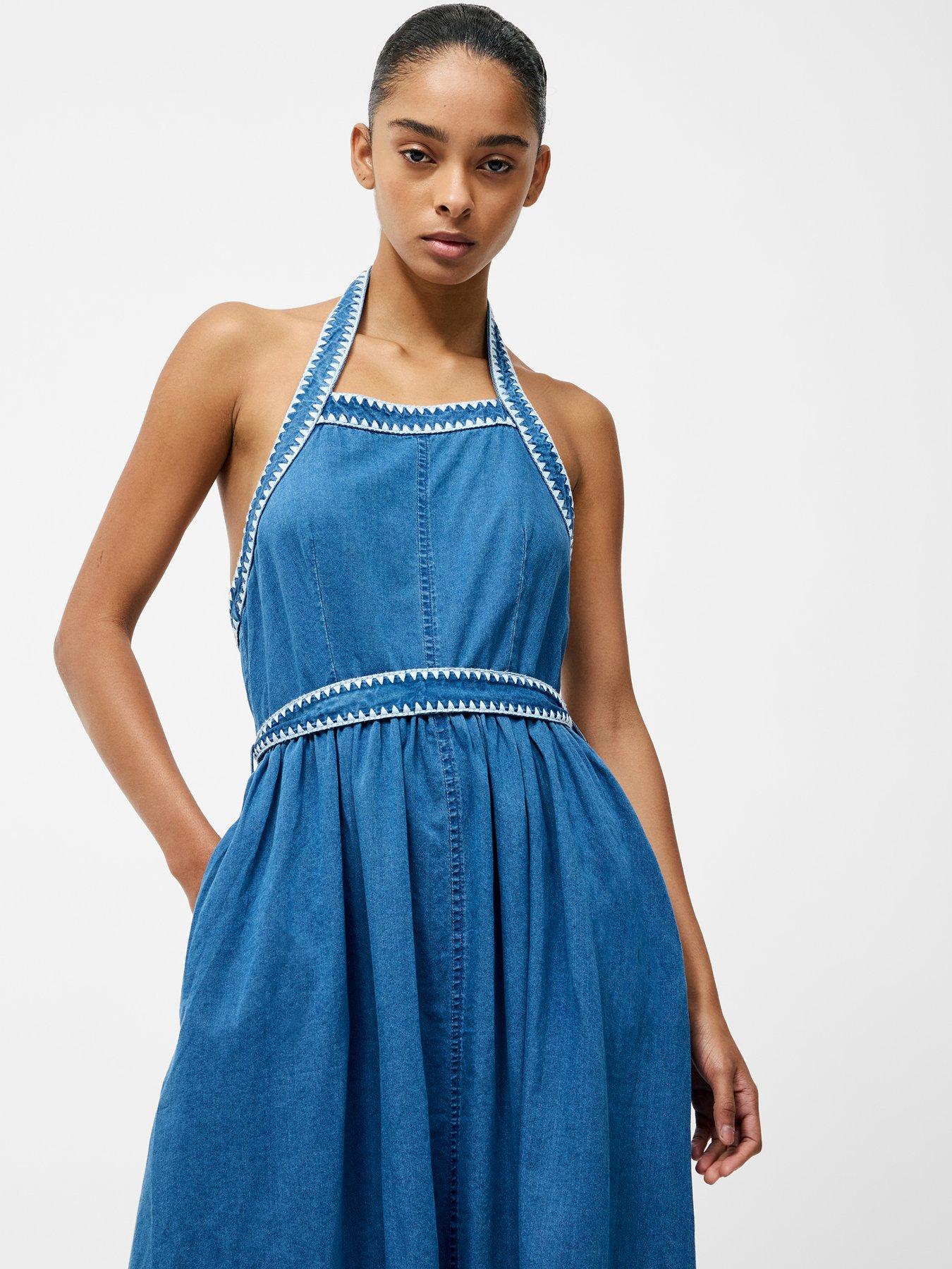 French Connection Cotton Chambray Tie Waist Halter Neck Midi Dress - Blue |  Littlewoods