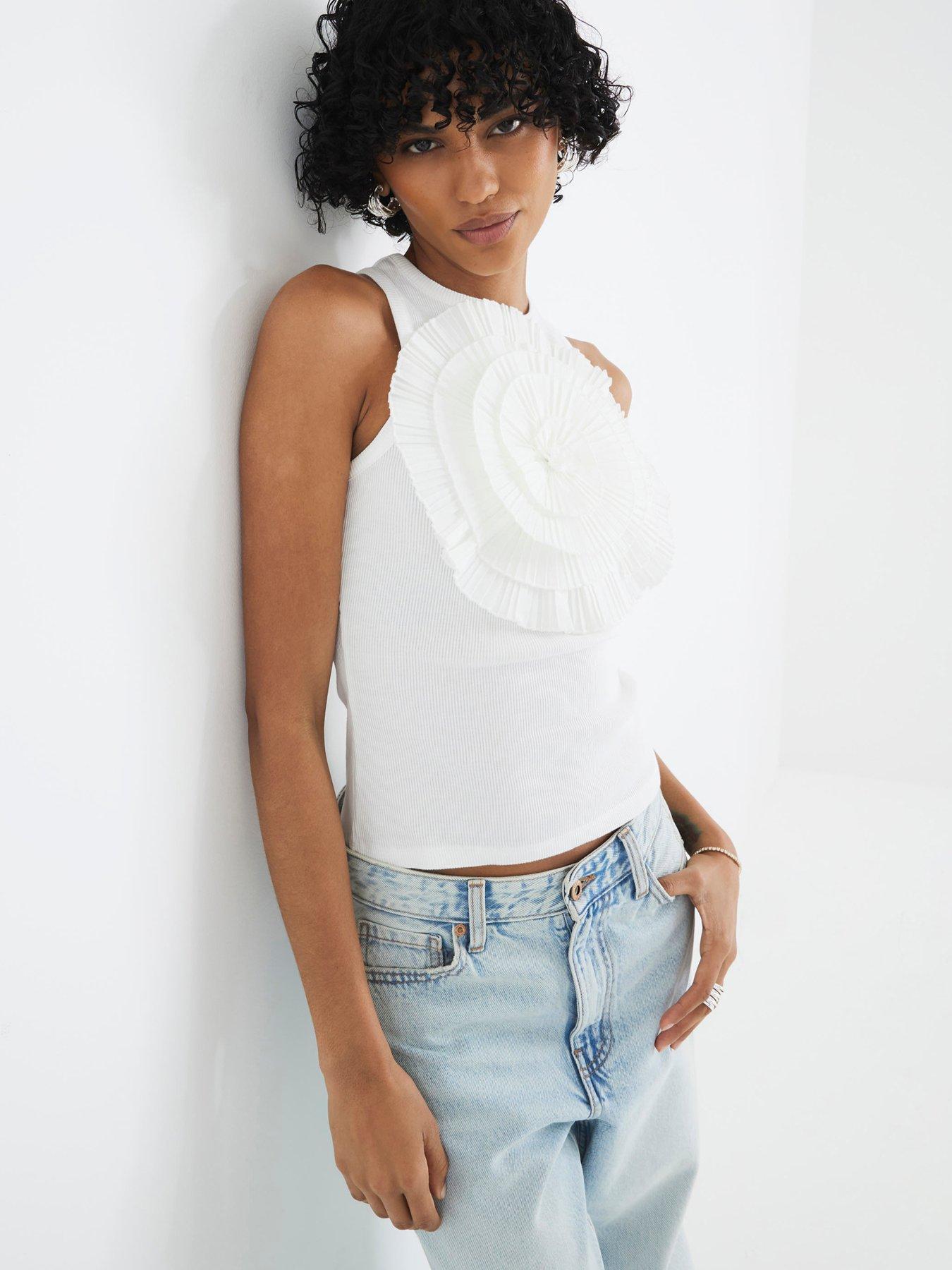 undefined Ruffle 3D Floral Tank - White