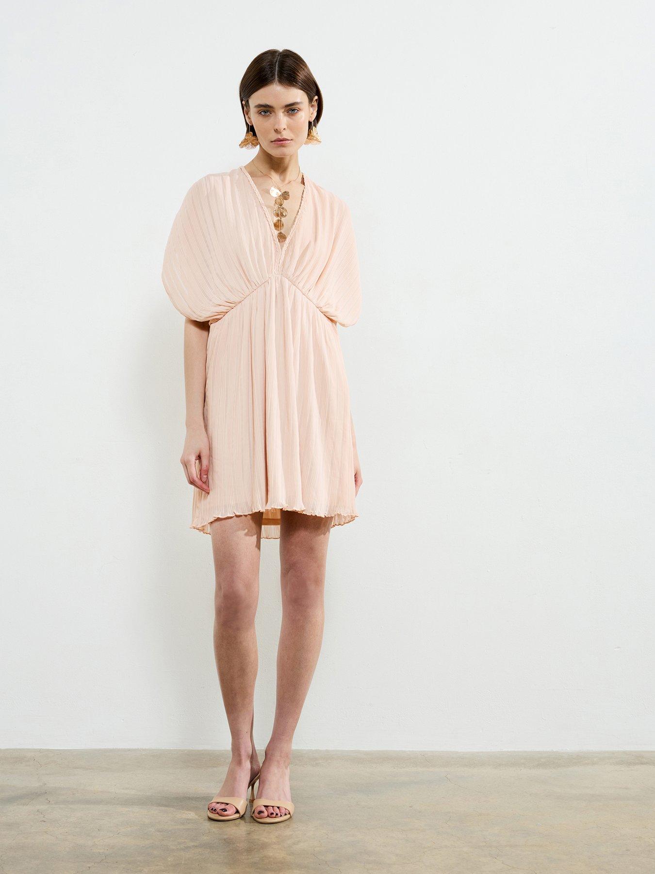 undefined Plisse V-neck Ruched Short Sleeve Mini Dress - Pink