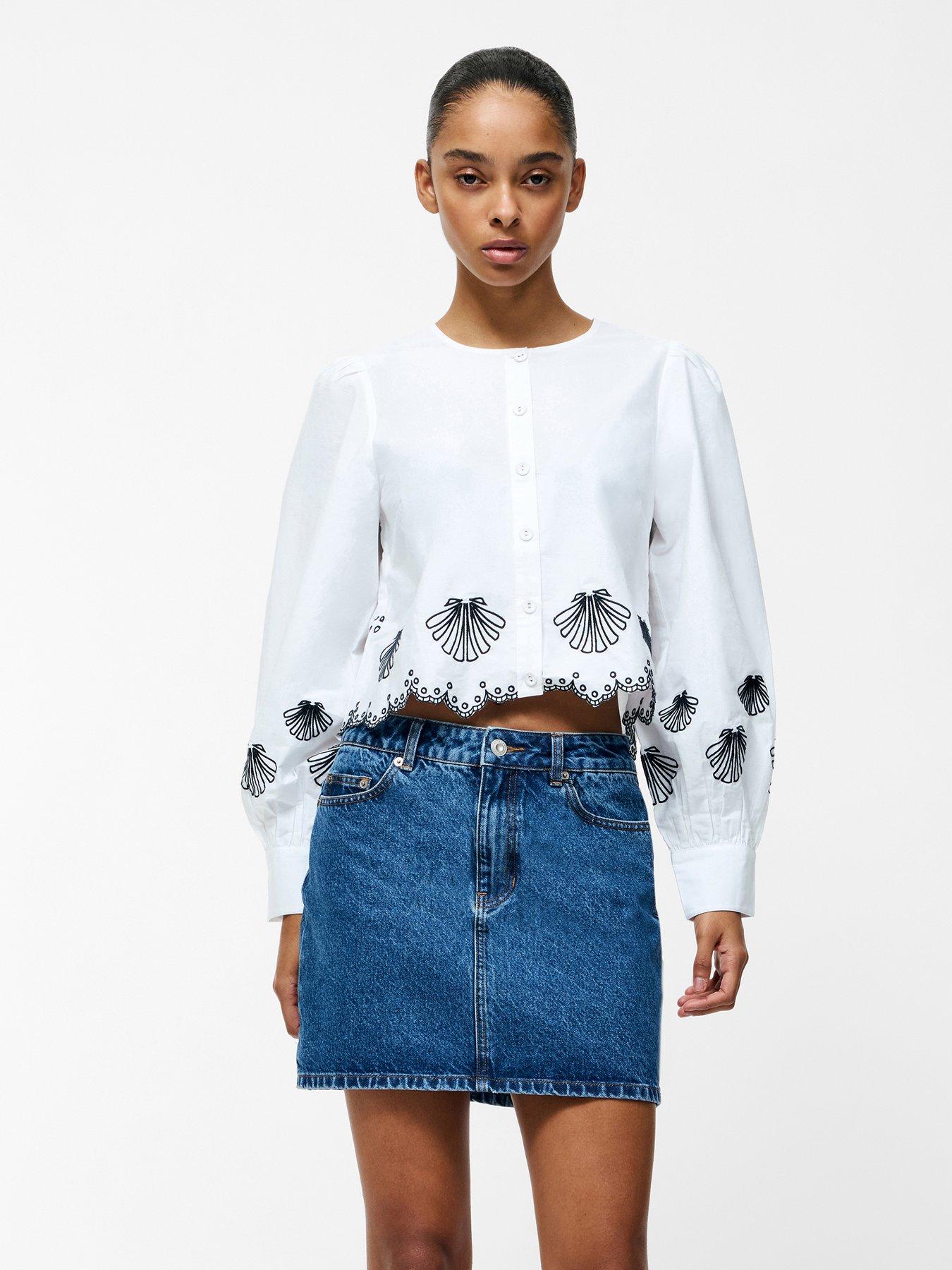 french-connection-cotton-embroidered-long-sleeve-grandad-collar-scalloped-hem-cropped-shirt