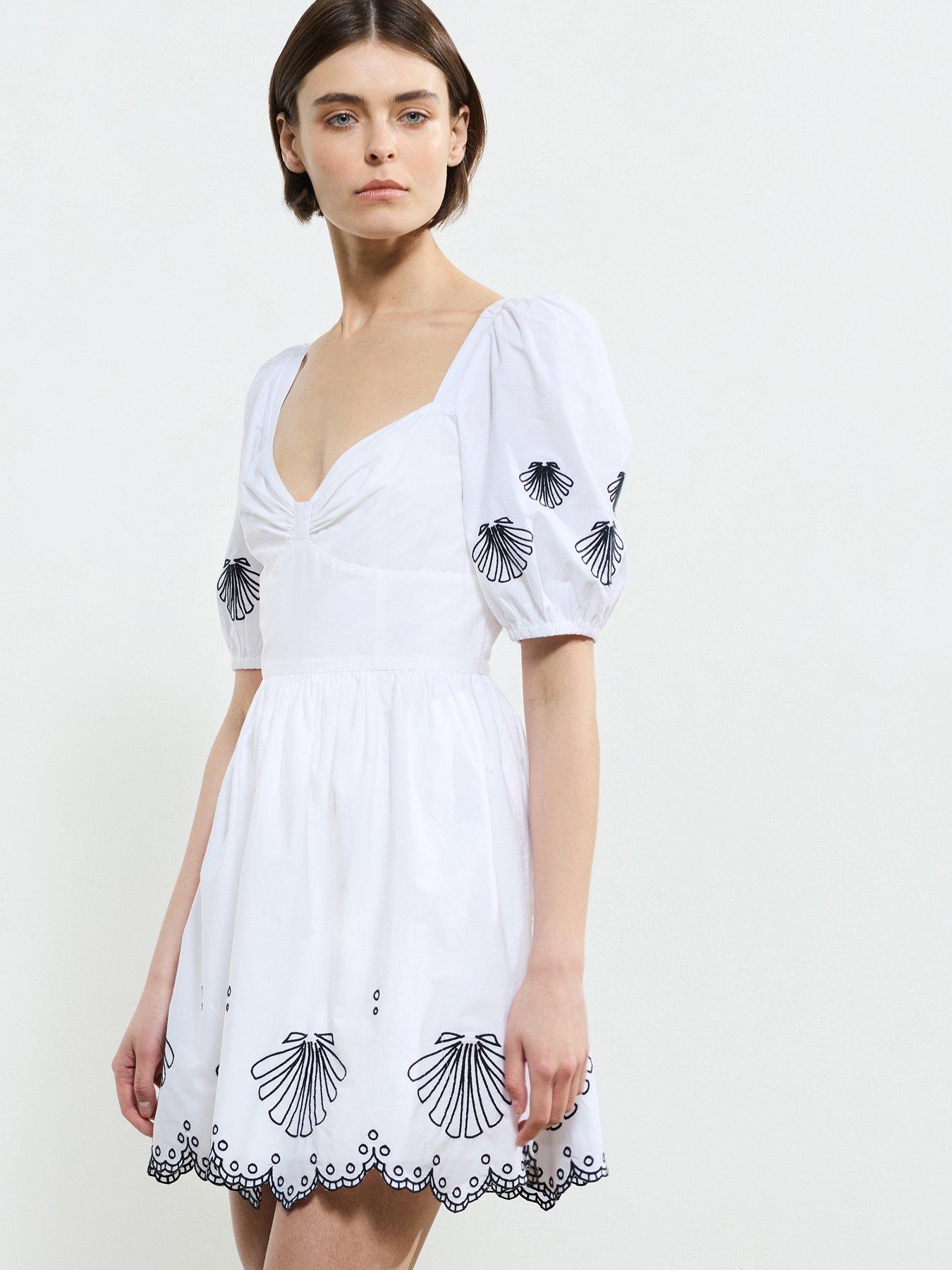 undefined Cotton Embroidered Bow Neck Puff Sleeve Babydoll Dress
