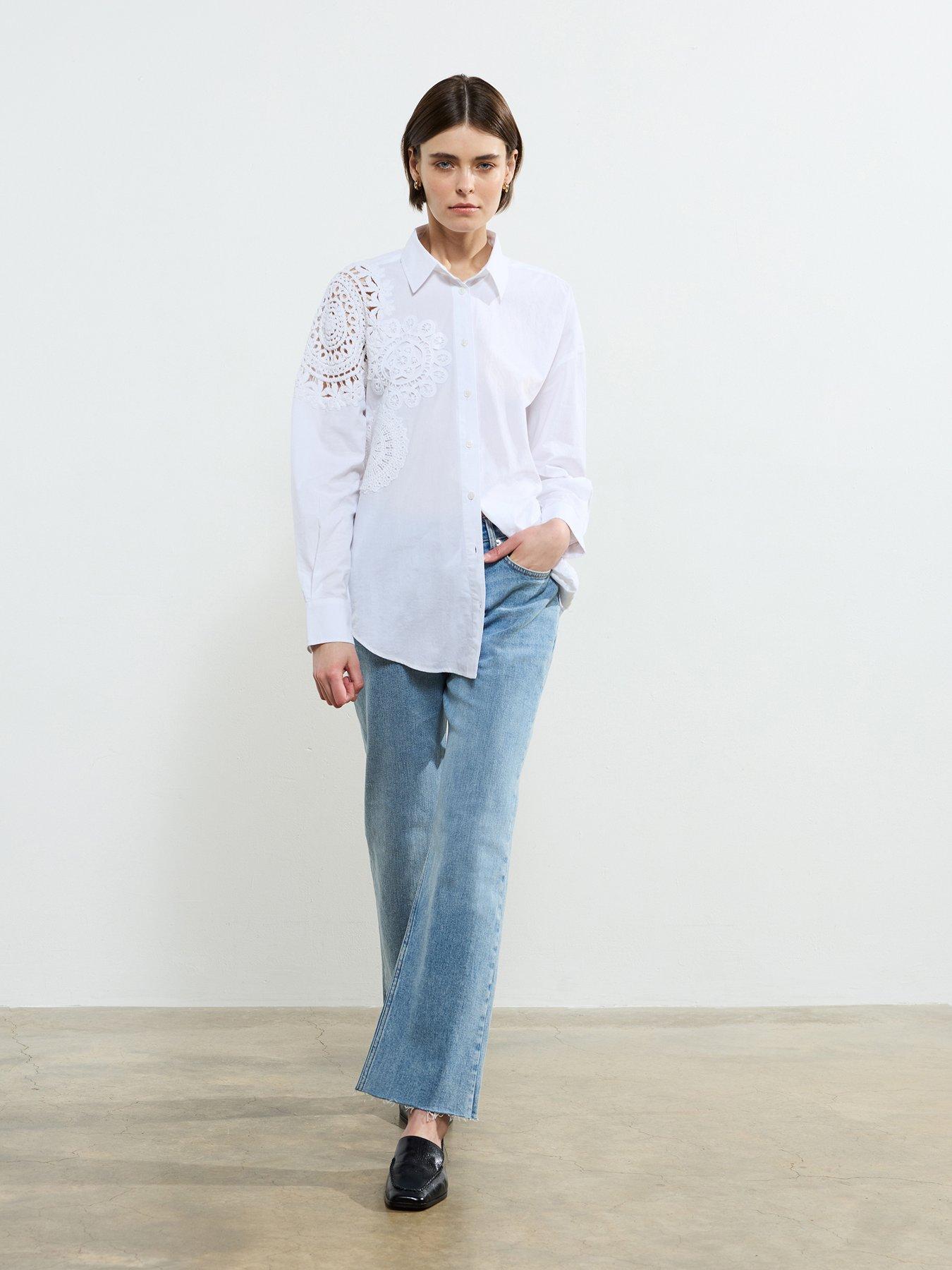  image of french-connection-cotton-crotchet-embroidered-long-sleeve-button-up-shirt-white