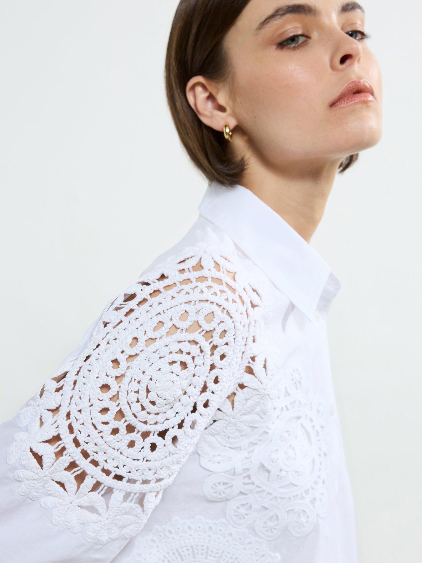  image of french-connection-cotton-crotchet-embroidered-long-sleeve-button-up-shirt-white