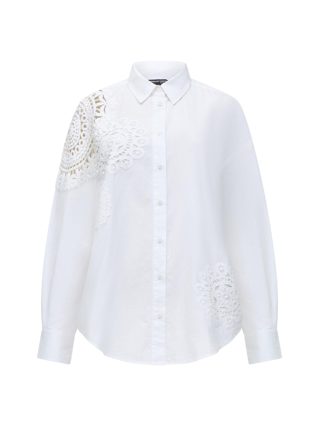  image of french-connection-cotton-crotchet-embroidered-long-sleeve-button-up-shirt-white
