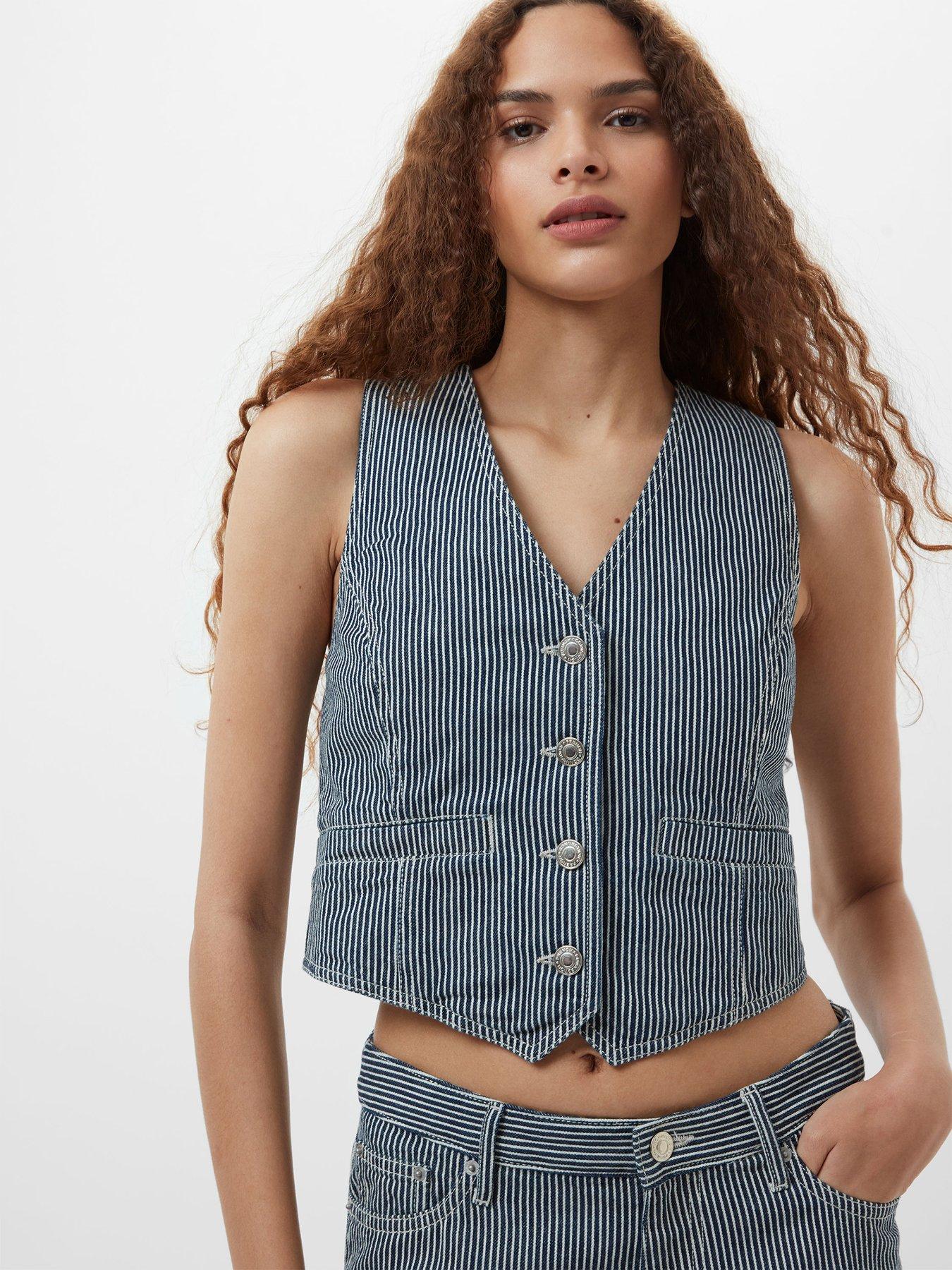 undefined Cotton Blend Striped V-Neck Tie Denim Waistcoat - Multi