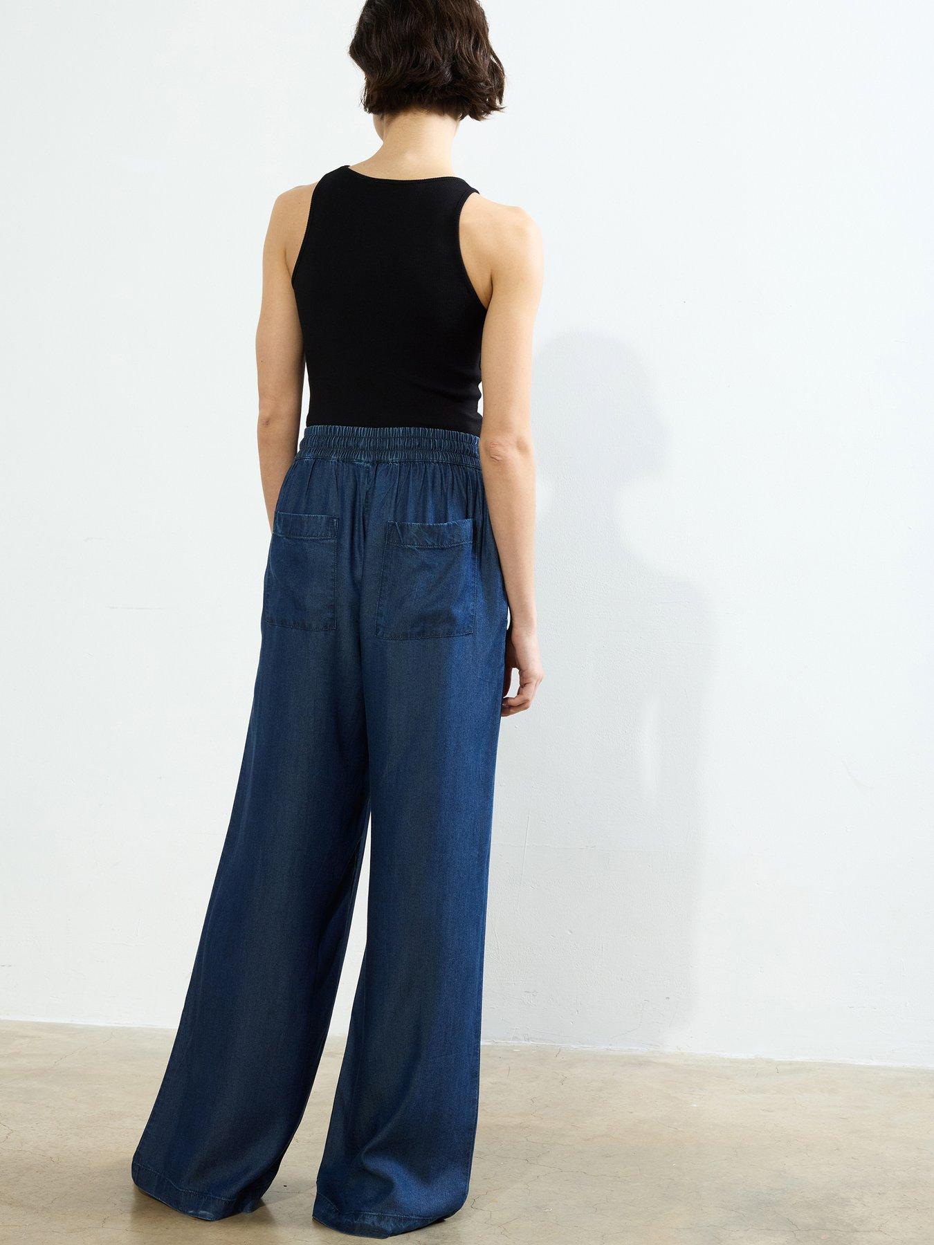 Image 2 of 5 of French Connection Floaty Wide Leg Denim-style Elasticated Waist Trousers - Navy
