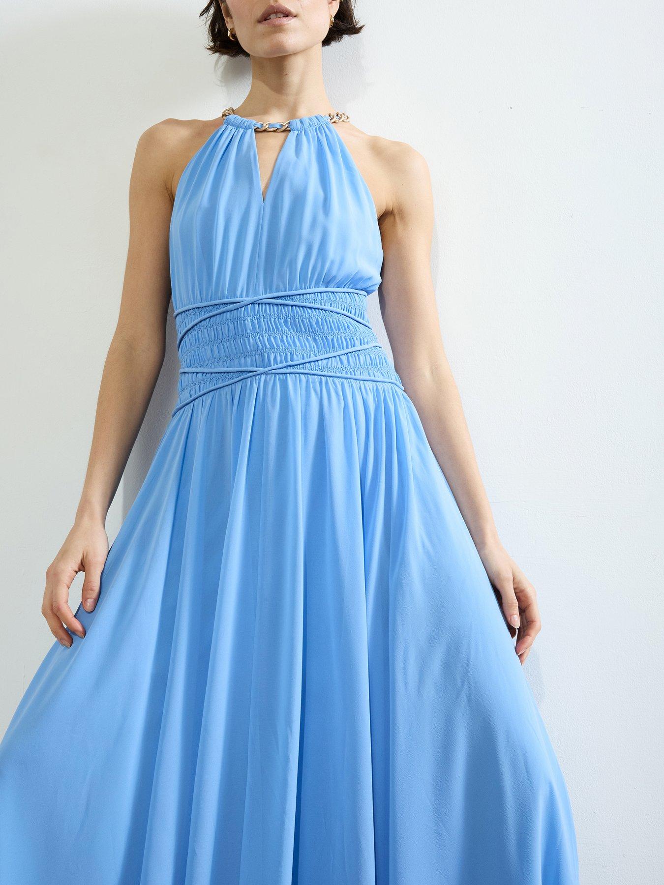 French Connection Chain Halter Neck Chiffon Cross-over Ruched Maxi Dress