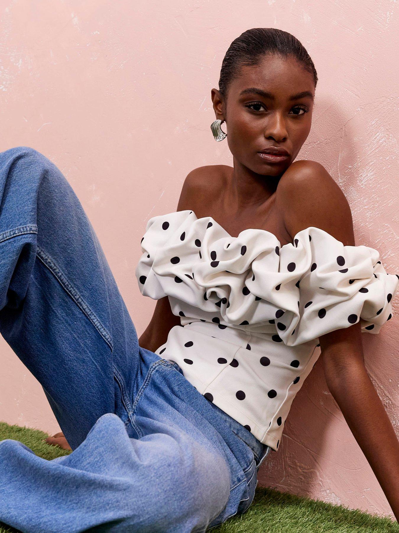 undefined Short Sleeve Ruffle Bardot Top - Cream