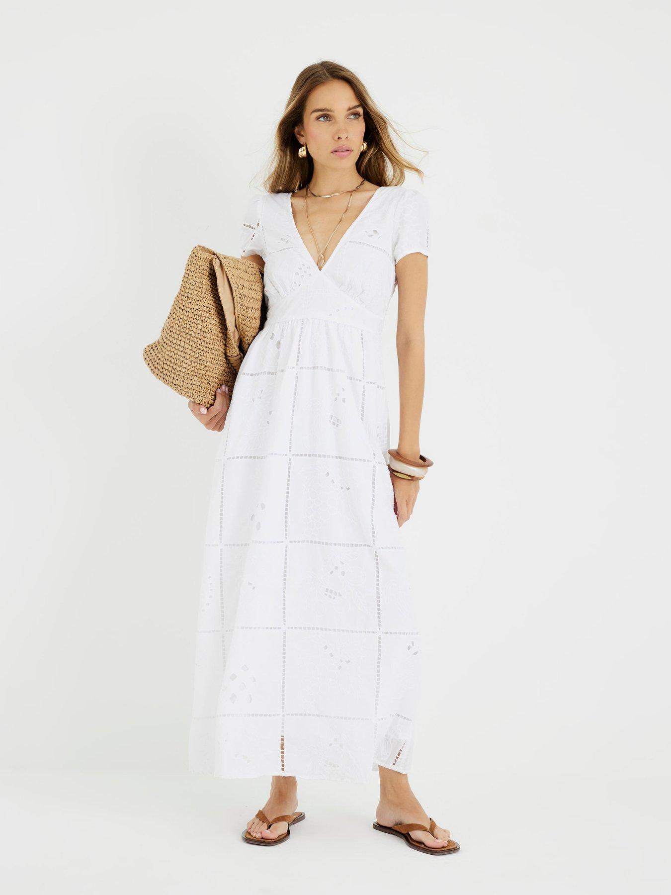 River Island Short Sleeve Cutwork Midi Dress - White