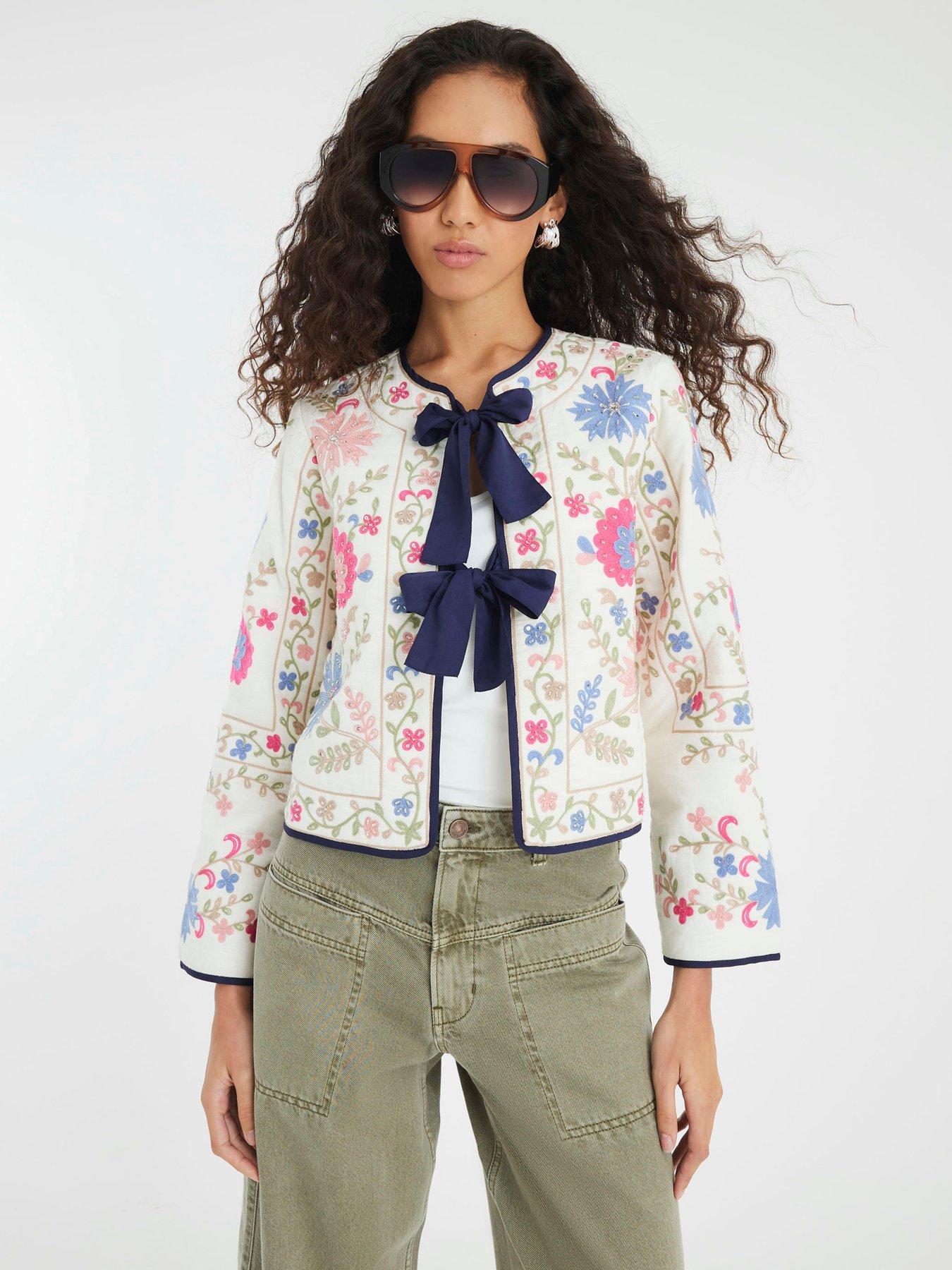 River Island Floral Embroidered Tie Front Jacket - Cream