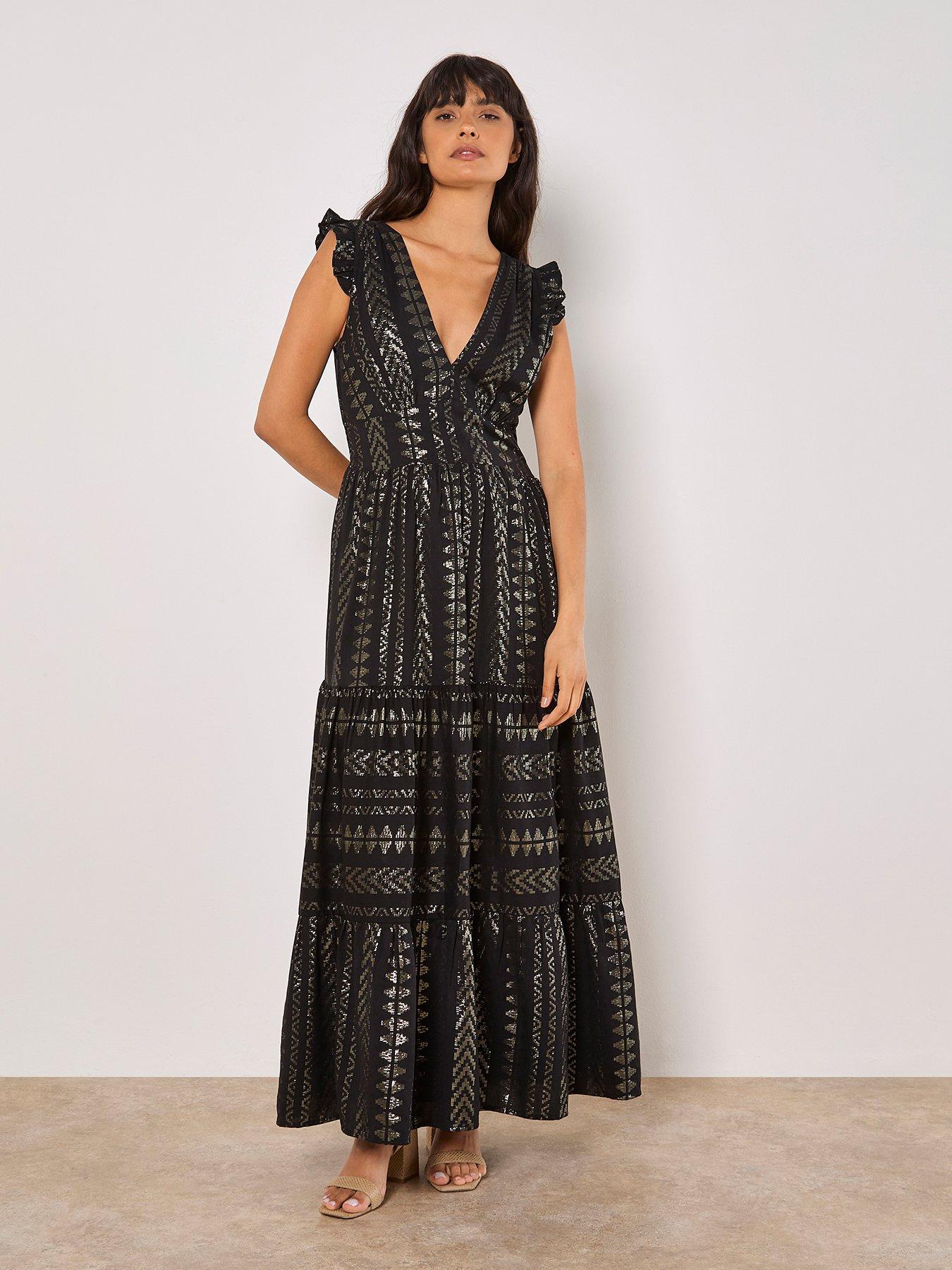 apricot black lace dress Apricot Sequin High Neck Trim Long Sleeve Dress – Broderick's Clothing Co main image 0