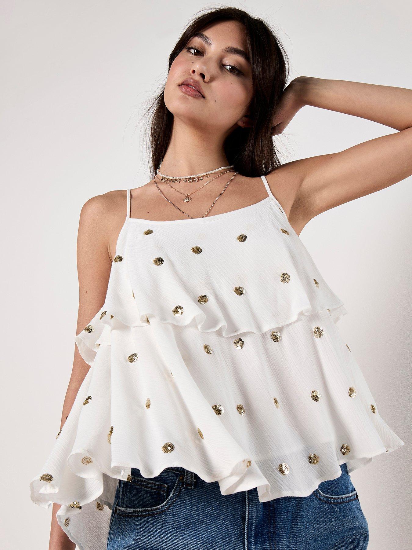 undefined Sequin Spot Layered Cami Top - White