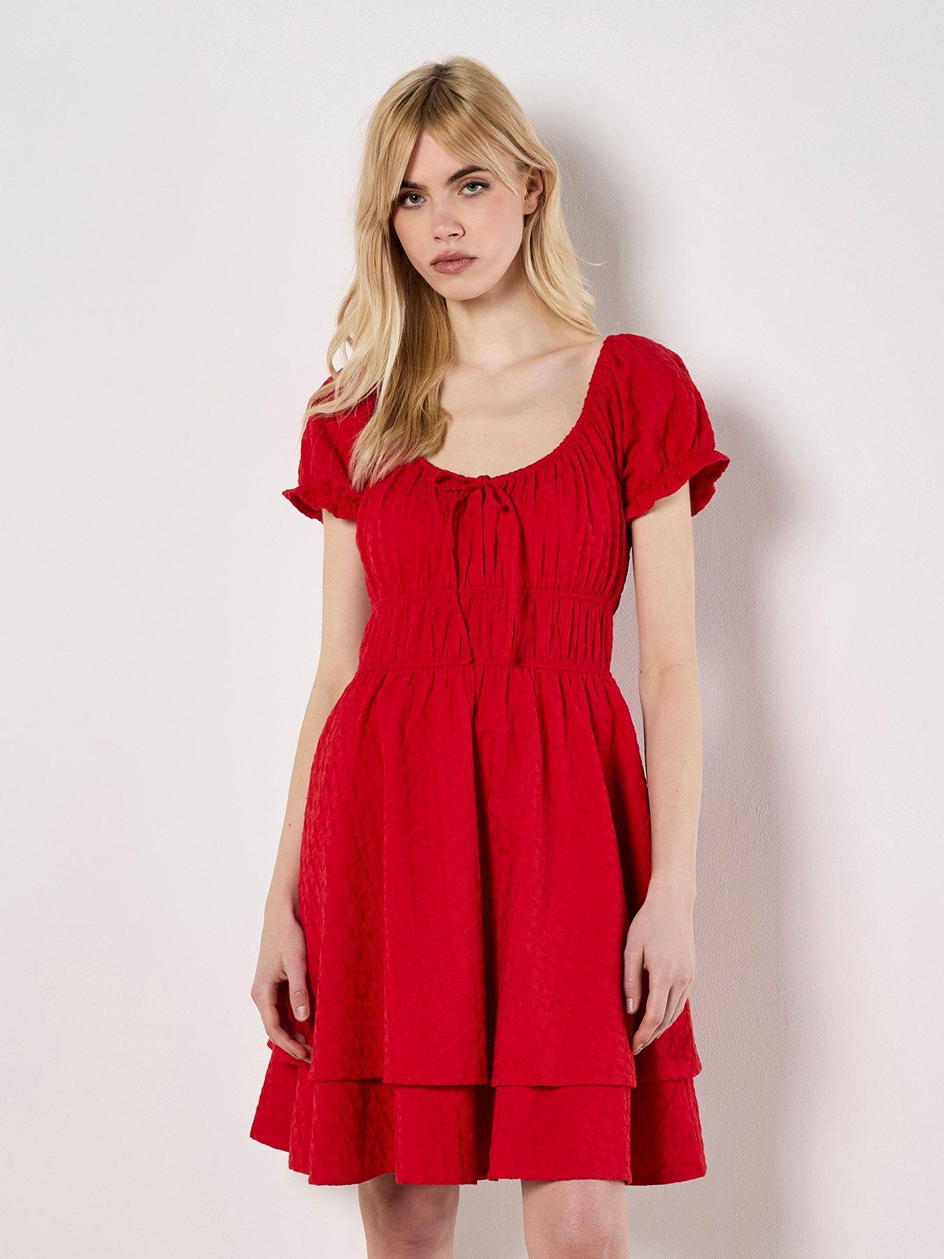 Apricot Eyelet Embroidered Milkmaid Dress - Red | Littlewoods