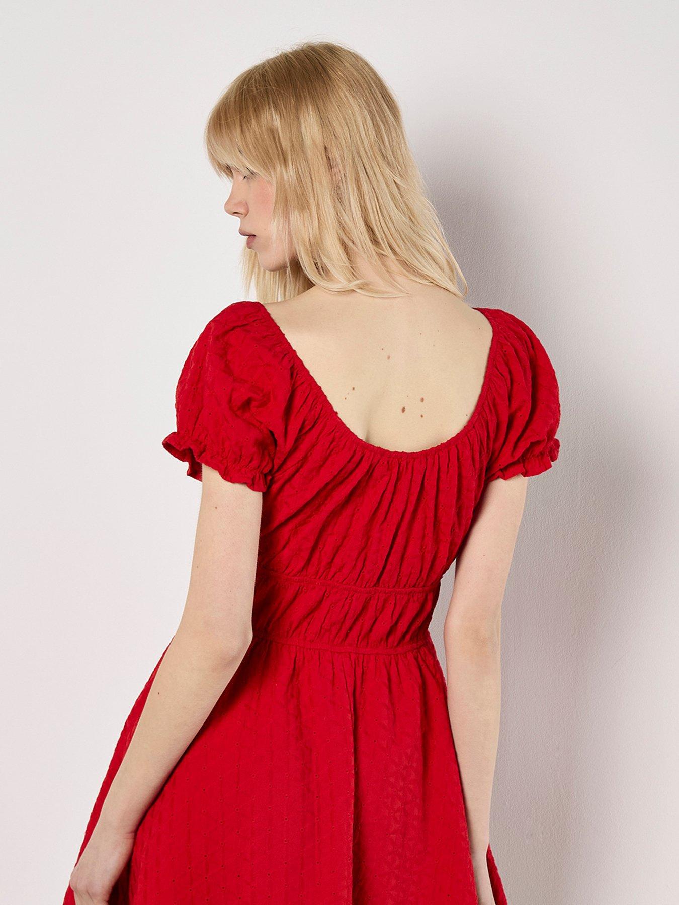 milkmaid dress red Red Poplin Corset Dress: Milkmaid Cottagecore Midi Dress