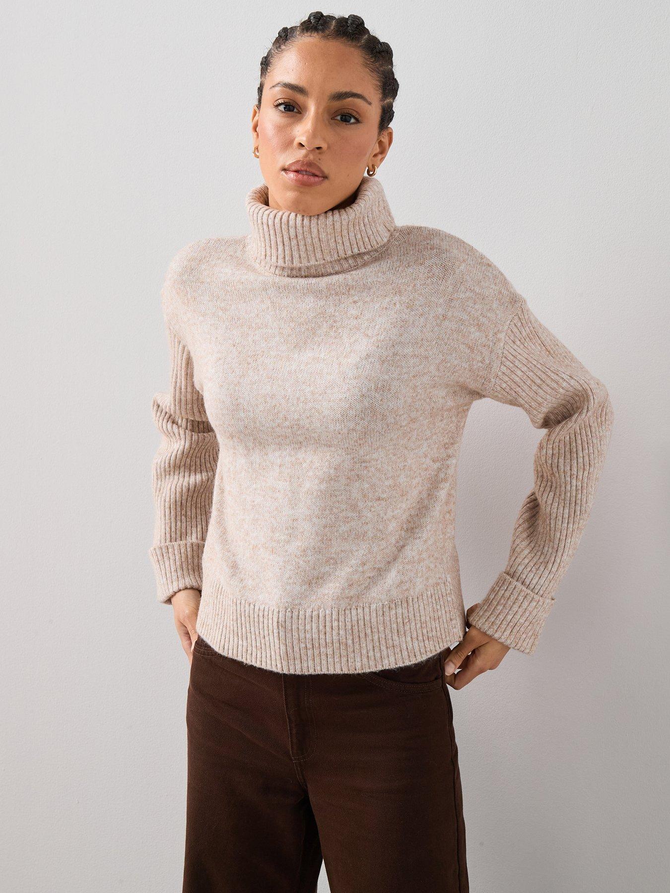  image of the-very-collection-timeless-yarn-roll-neck-turn-up-cuff-jumper-beige