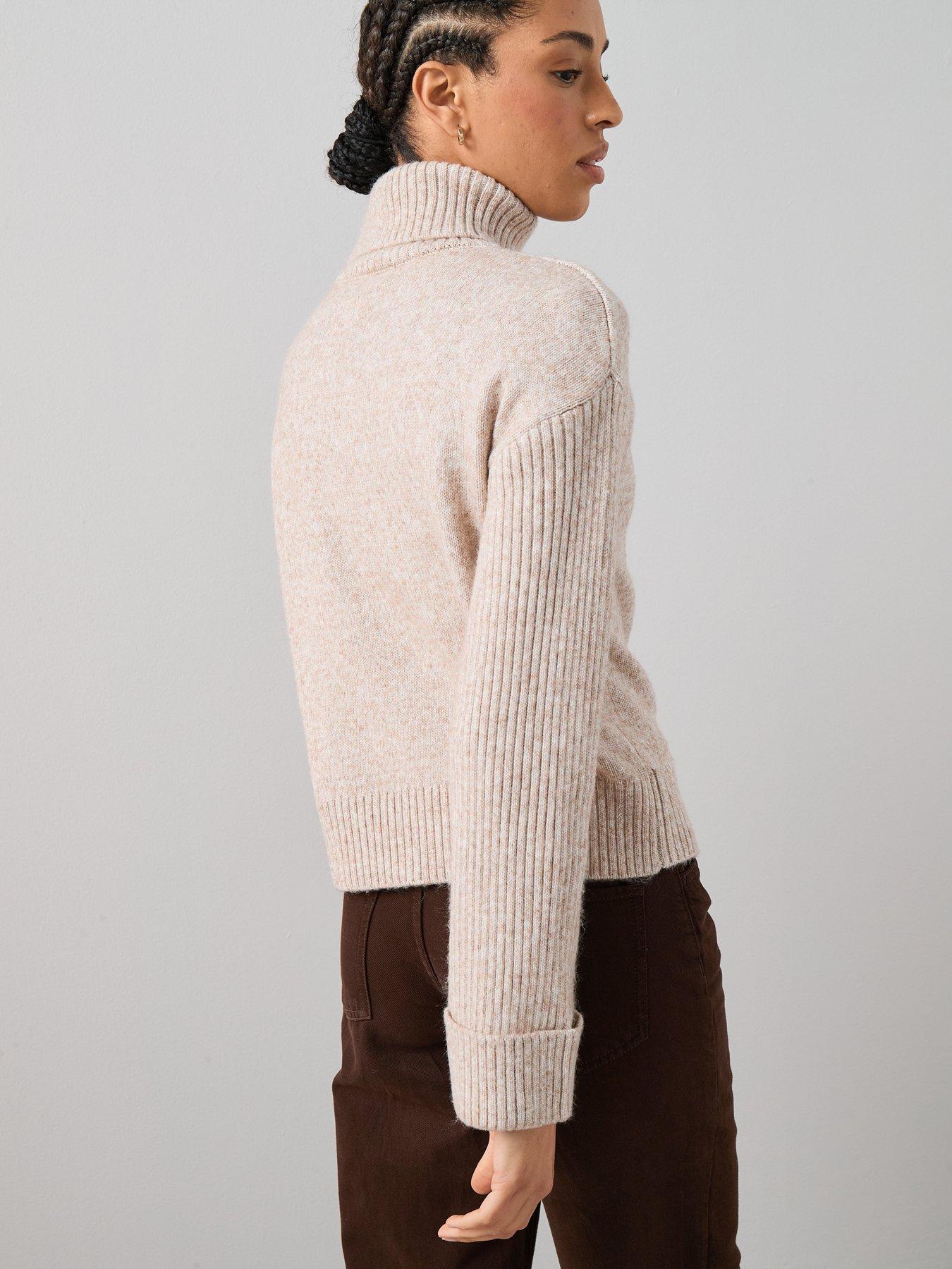  image of the-very-collection-timeless-yarn-roll-neck-turn-up-cuff-jumper-beige
