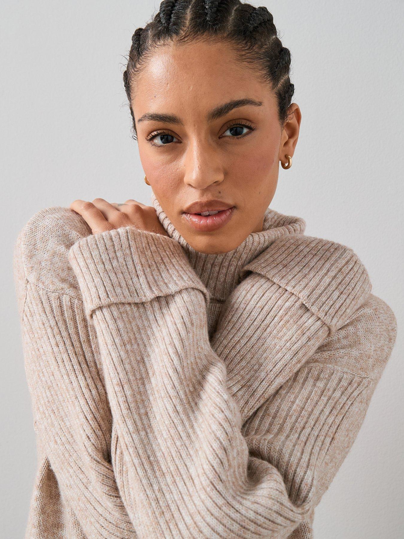  image of the-very-collection-timeless-yarn-roll-neck-turn-up-cuff-jumper-beige