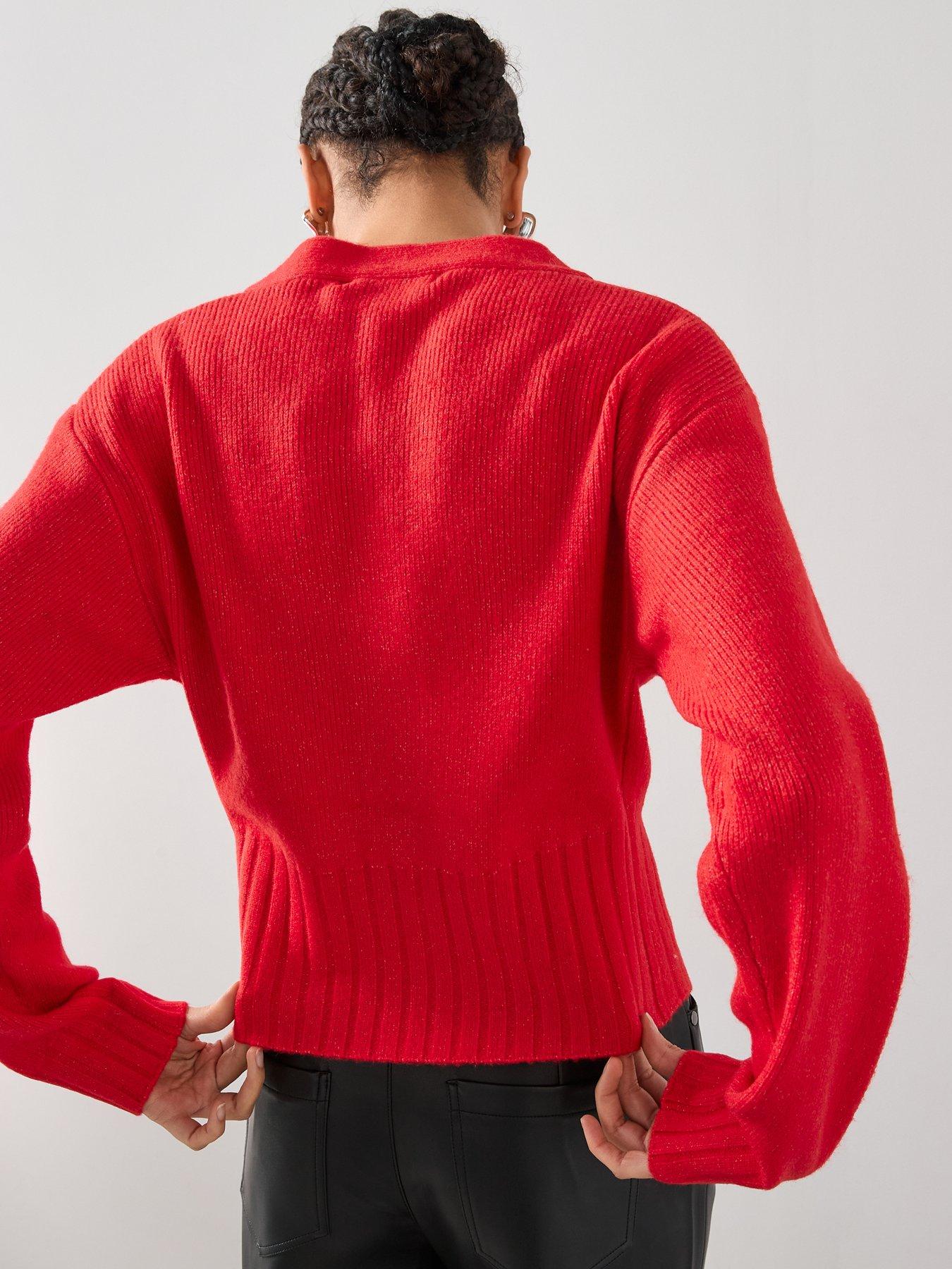 image of the-very-collection-style-yarn-cinched-waist-cardigan-with-wool-red