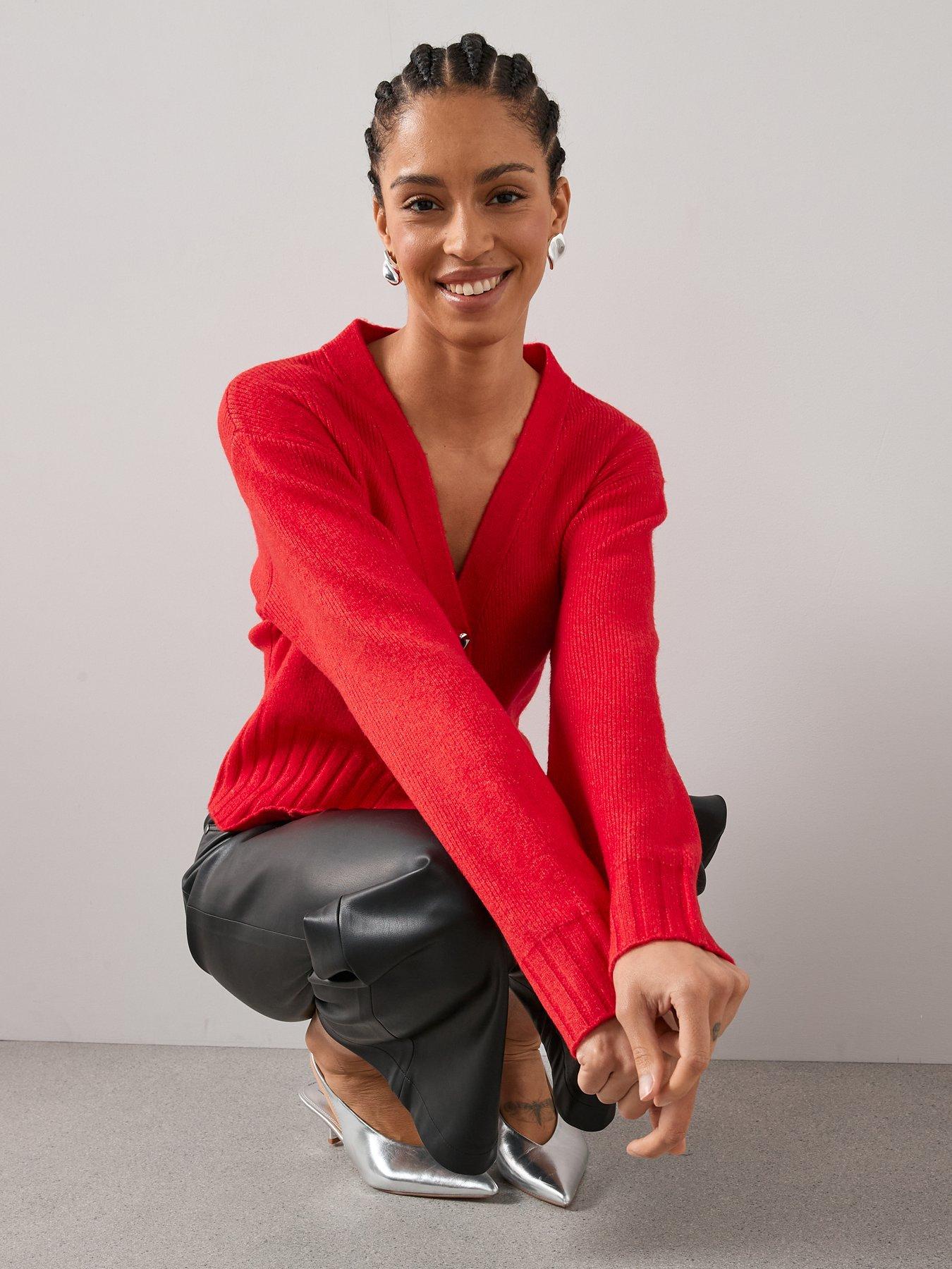  image of the-very-collection-style-yarn-cinched-waist-cardigan-with-wool-red