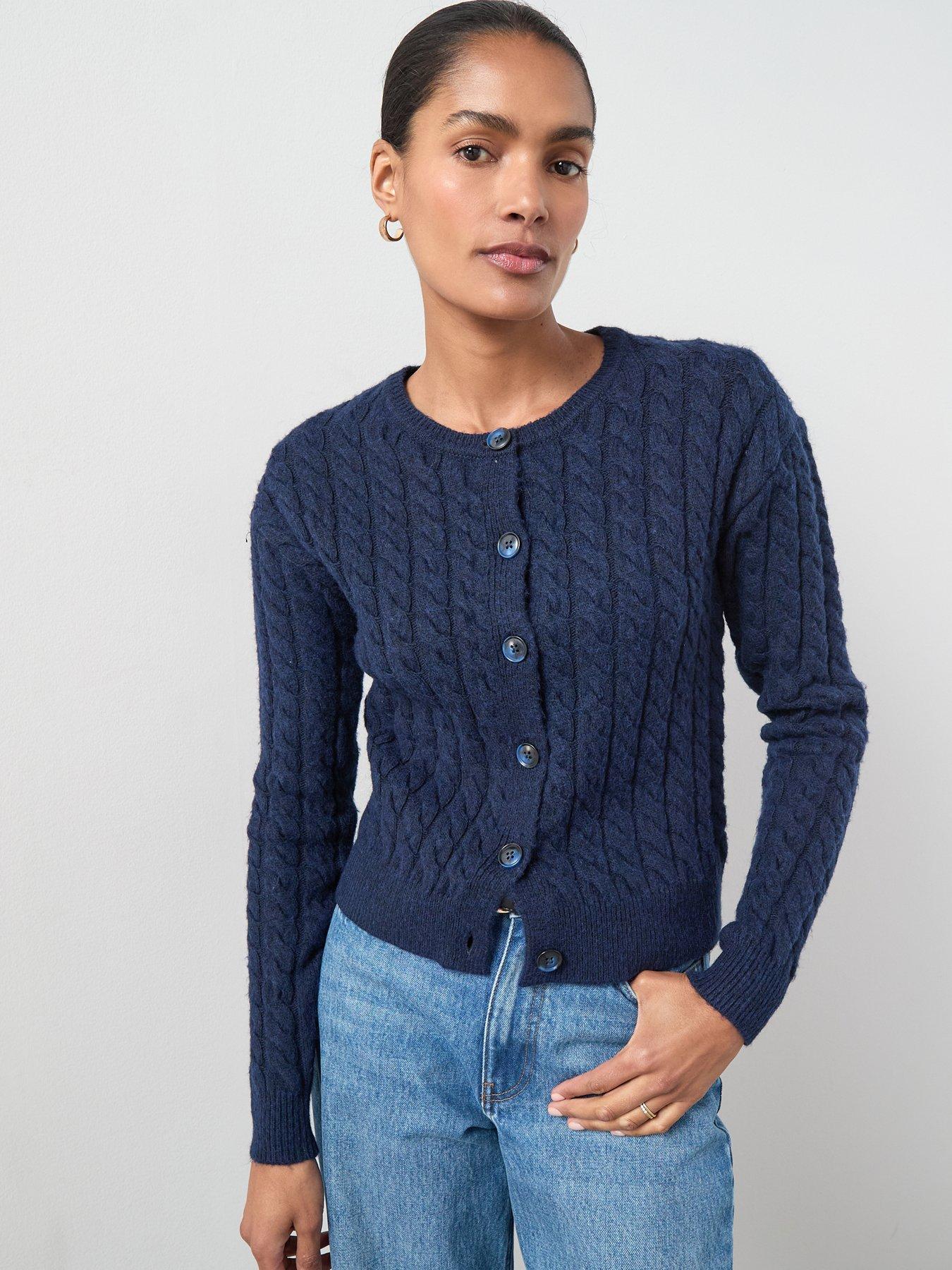 The Very Collection Timeless Yarn Crew Neck Cable Knit Cardigan - Navy