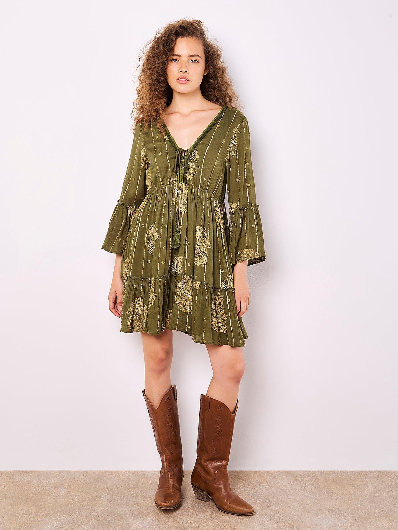 undefined Bohemian Lurex Bell Slv Dress - Green