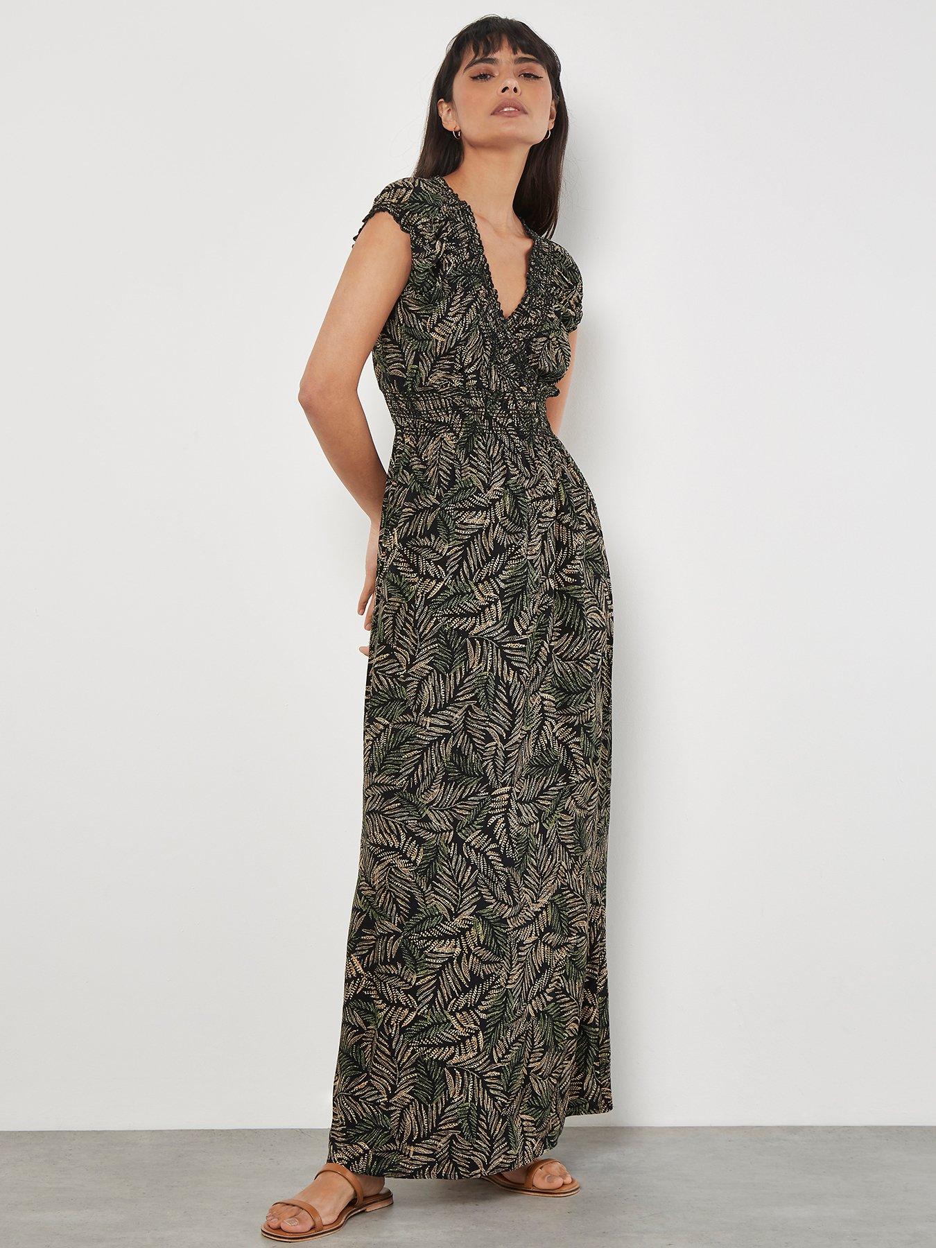 undefined Rustic Leaves Smock V-Neck Maxi Dress - Green