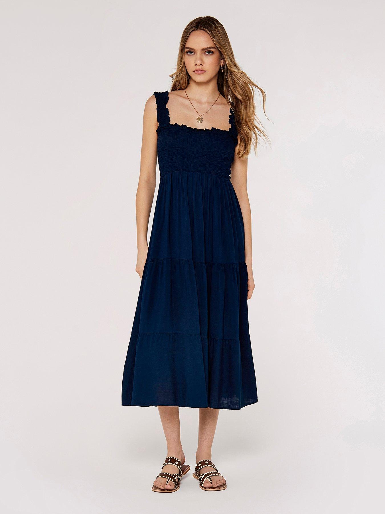 undefined Slub Viscose Smock Tiered Midi Dress - Blue