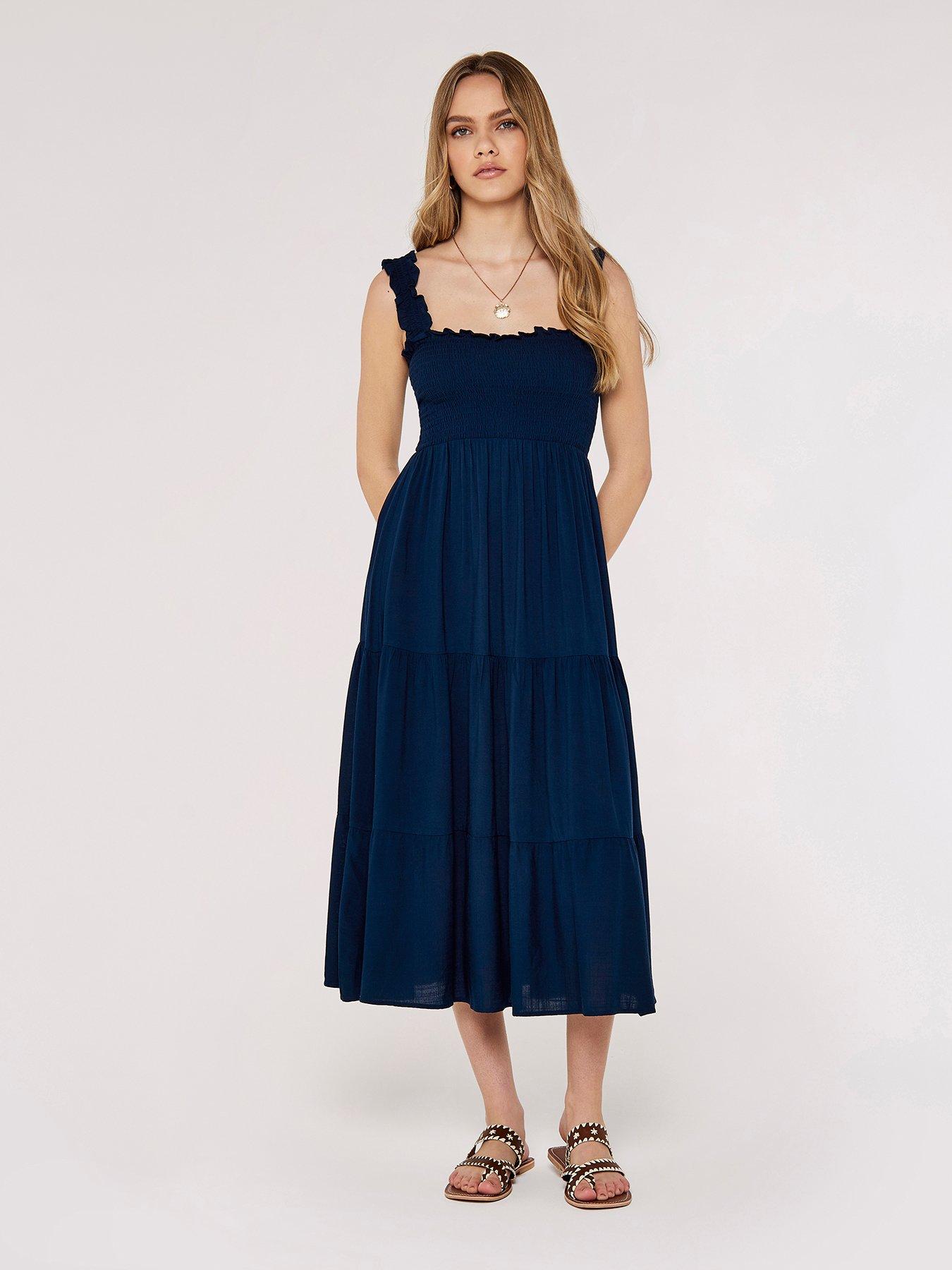  image of apricot-slub-viscose-smock-tiered-midi-dress-blue