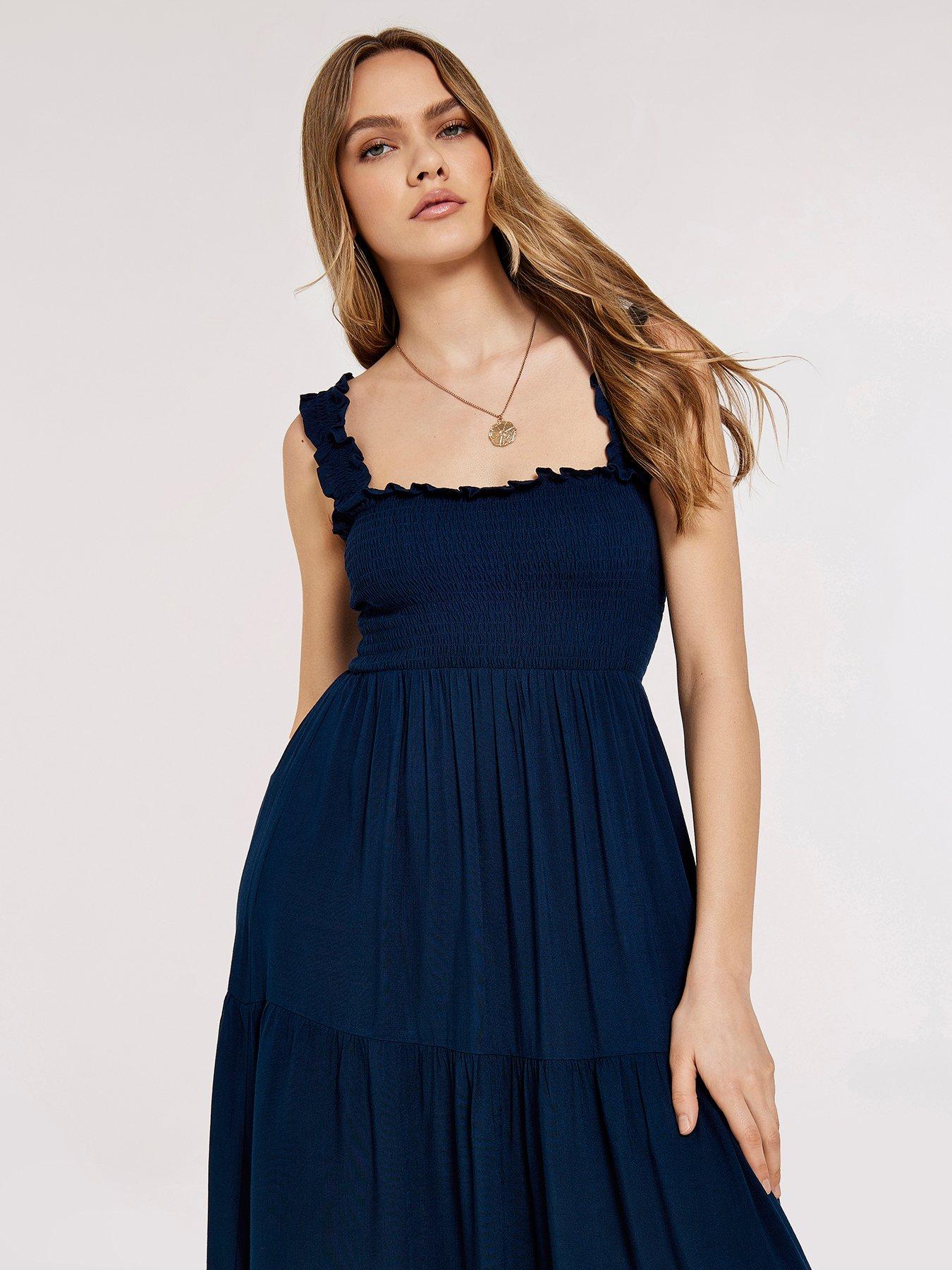  image of apricot-slub-viscose-smock-tiered-midi-dress-blue