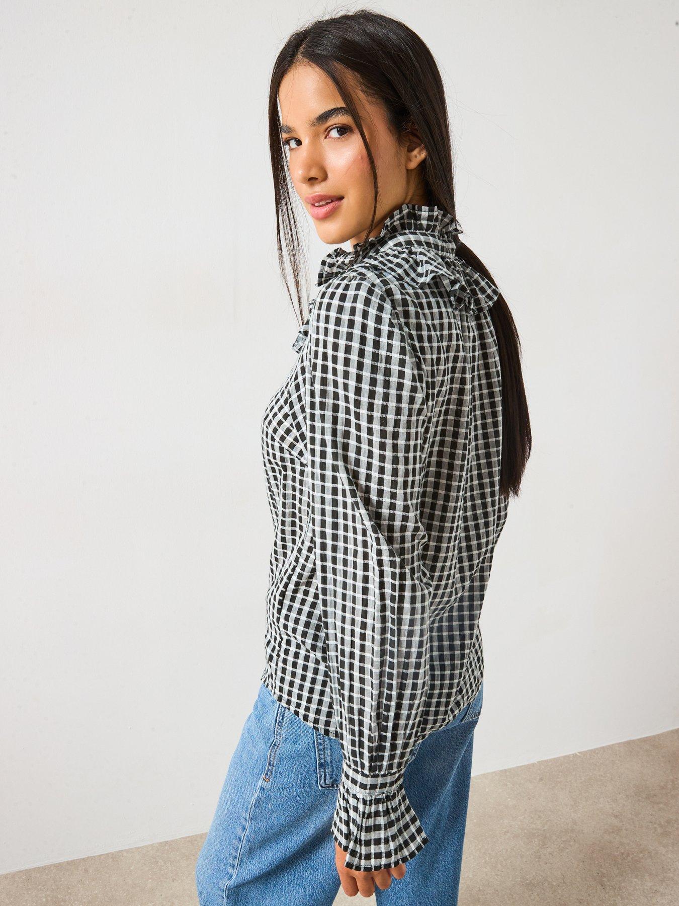Image 2 of 6 of V by Very Checked Tie And Frill Detail Collar Shirt - Black