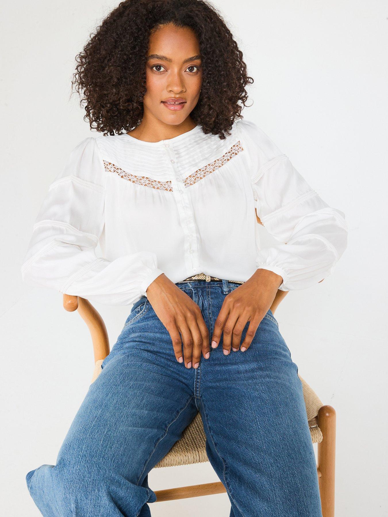 undefined Pleated Broderie Detail Blouse - White